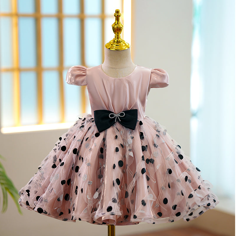Pink Satin Tulle A-Line Flower Girl Dress with Cap Sleeves and Bow - Perfect for Weddings, Tea Parties, and Special Occasions