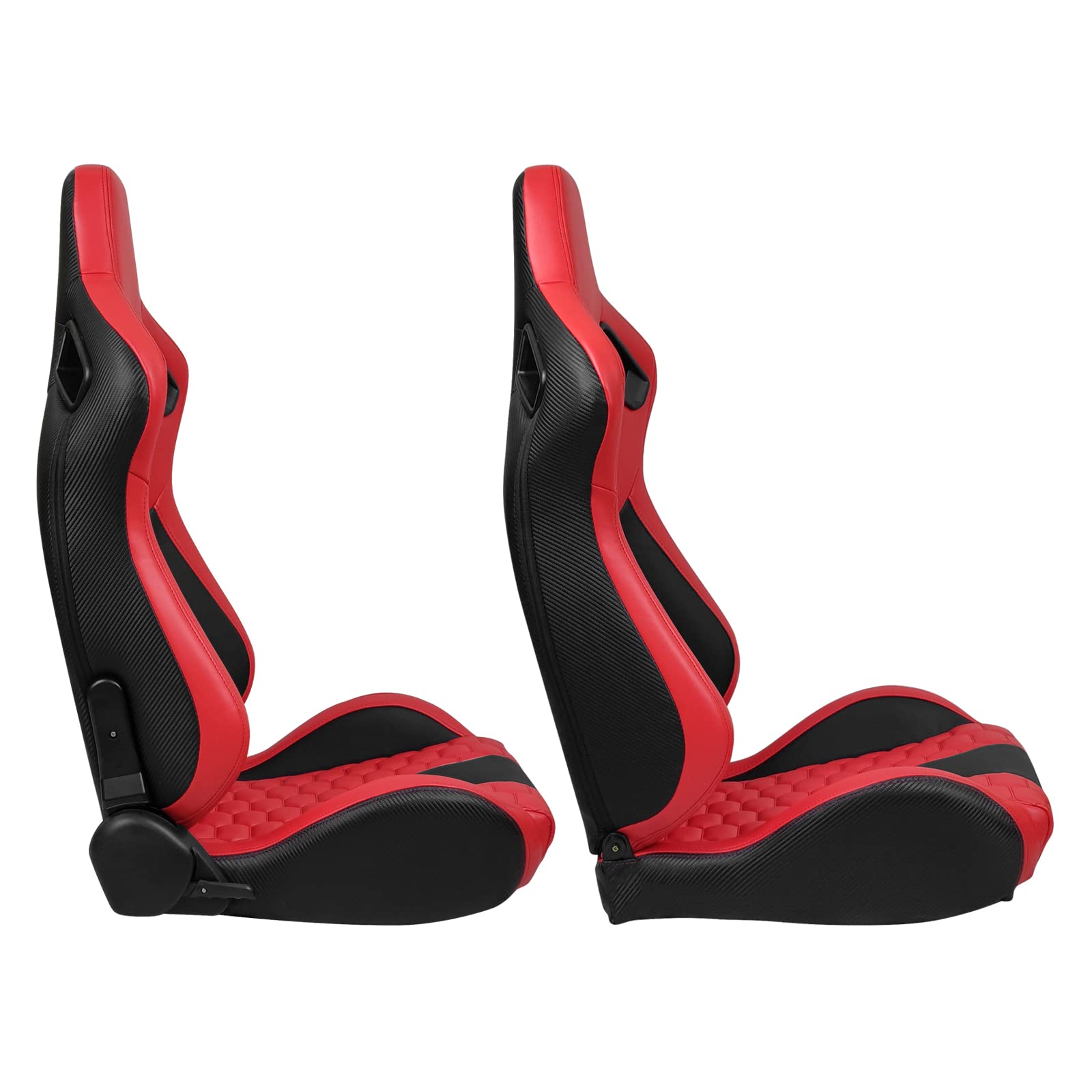 IKON MOTORSPORTS Universal Racing Seats - Reclinable Red & Black PU Carbon Leather Bucket Seats with Dual Sliders & Hexagonal Quilting (1 Pair for Driver & Passenger) | Perfect for Sports Cars, Drifting & Track Racing