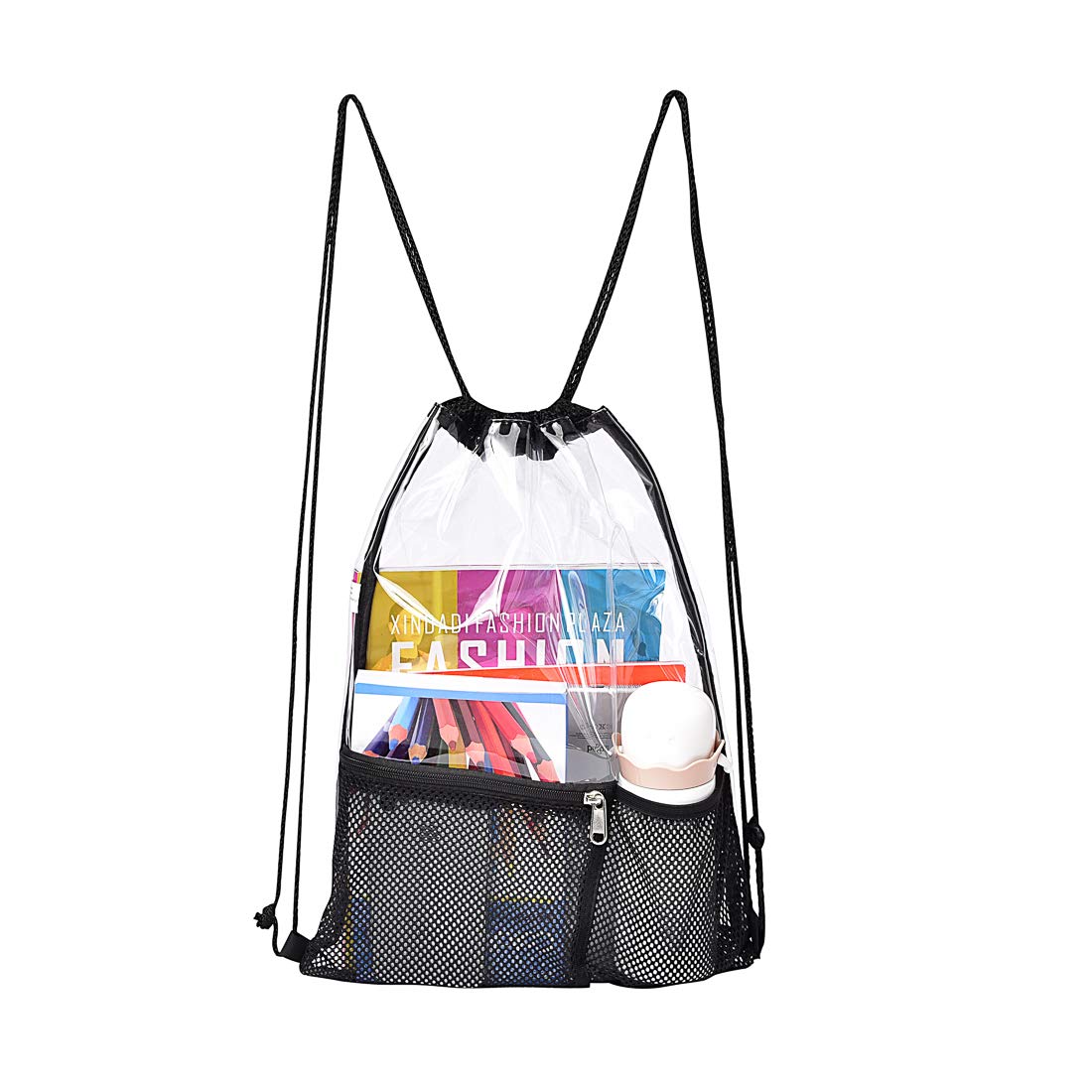MAY TREE Clear Drawstring Backpack for Women & Men - Waterproof Stadium Approved Concert Bag with 2 Front Pockets - Perfect for Sports, Festivals, Travel & Work - Black