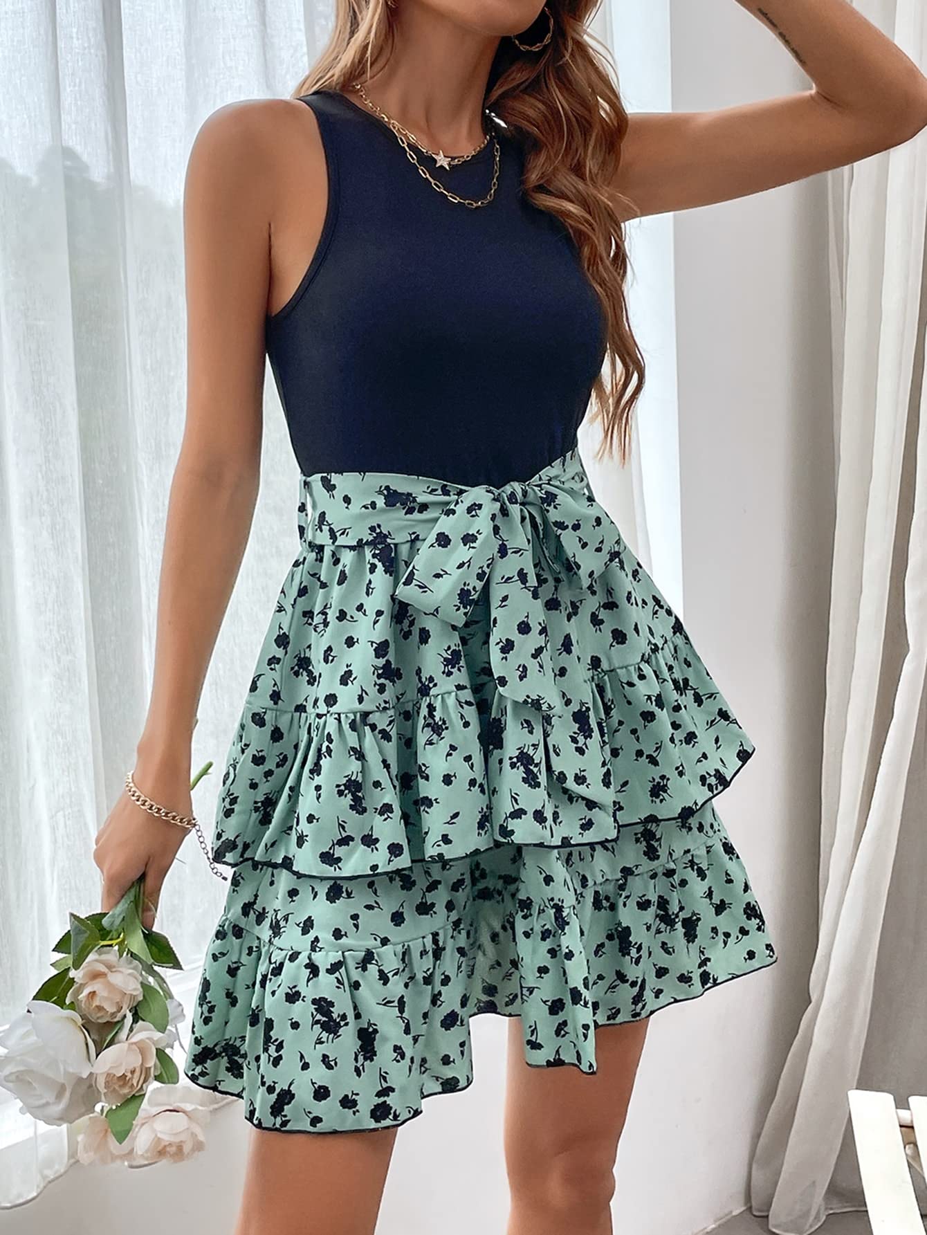 Floral Colorblock Layered Hem Belted Tank Dress for Women - Multicolor Small | Summer Casual, Beach Vacation & Party Wear