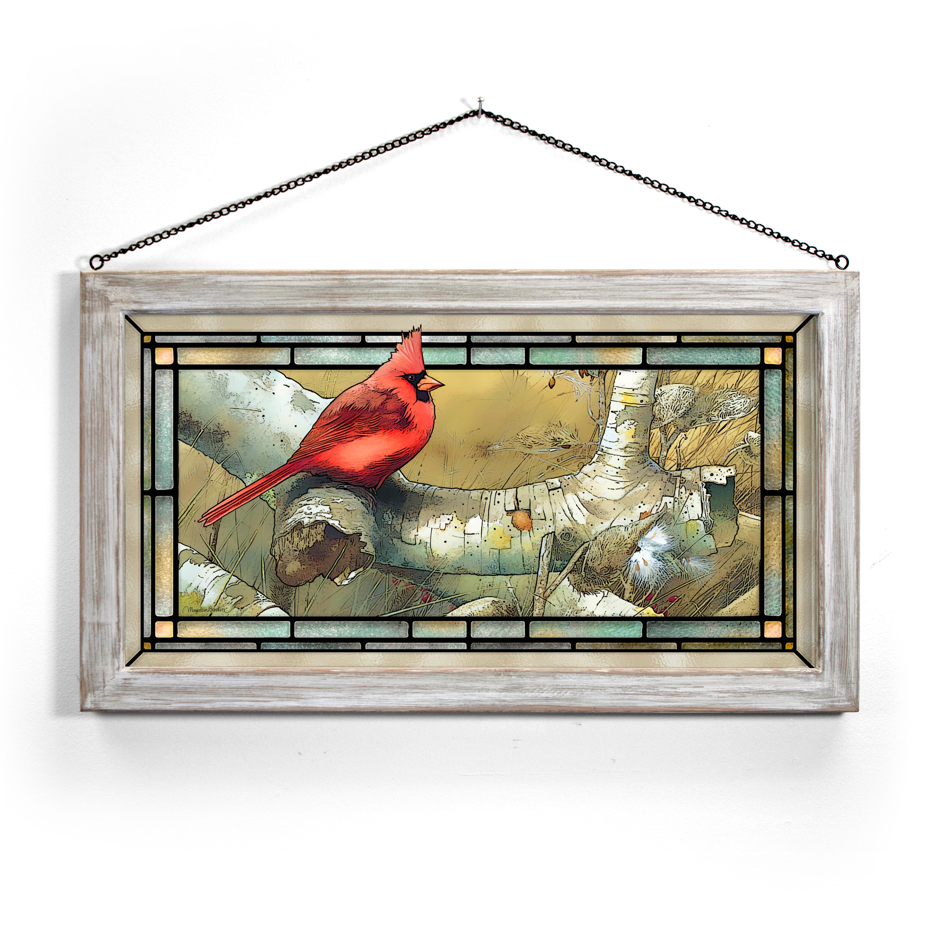 Cardinal on Sycamore Stained Glass Art Panel - 13 x 23 Inches Handcrafted Window Decor for Home, Church & Garden - Perfect for Sunroom, Living Room & Holiday Decorations