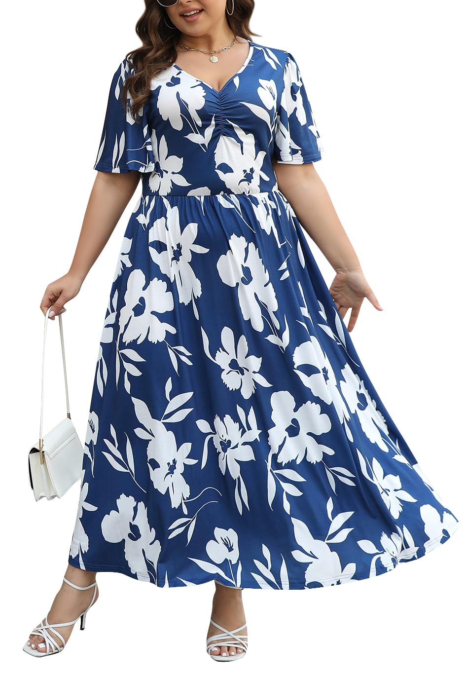 Keluummi Plus Size Wedding Guest Maxi Dress for Women - Floral 3/4 Sleeve Empire Waist Long Dress - Summer Casual Church, Garden Party & Special Occasion Outfit