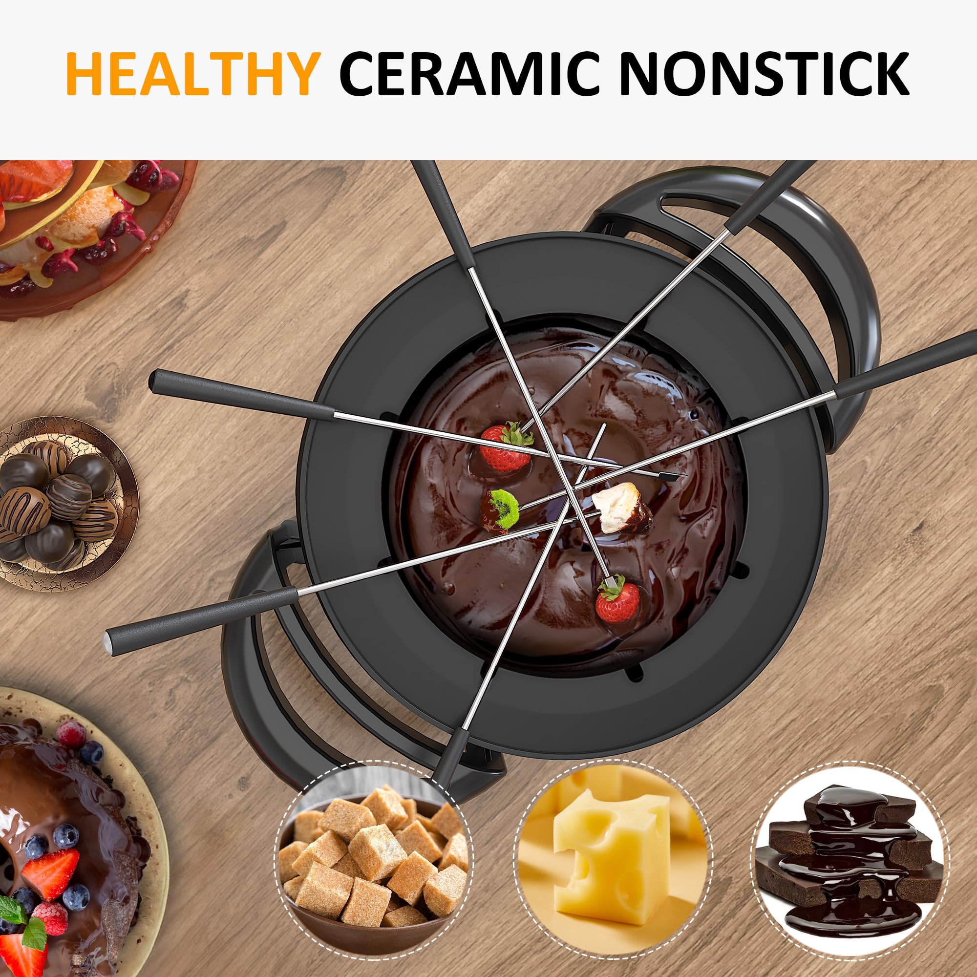 Sunvivi 3 Quart Electric Fondue Pot Set - Adjustable Temperature Control for Melting Chocolate, Cheese, Oil & Broth - 1000W Non-Stick Fondue Maker with 8 Color-Coded Forks - Perfect for Parties, Desserts & Family Gatherings