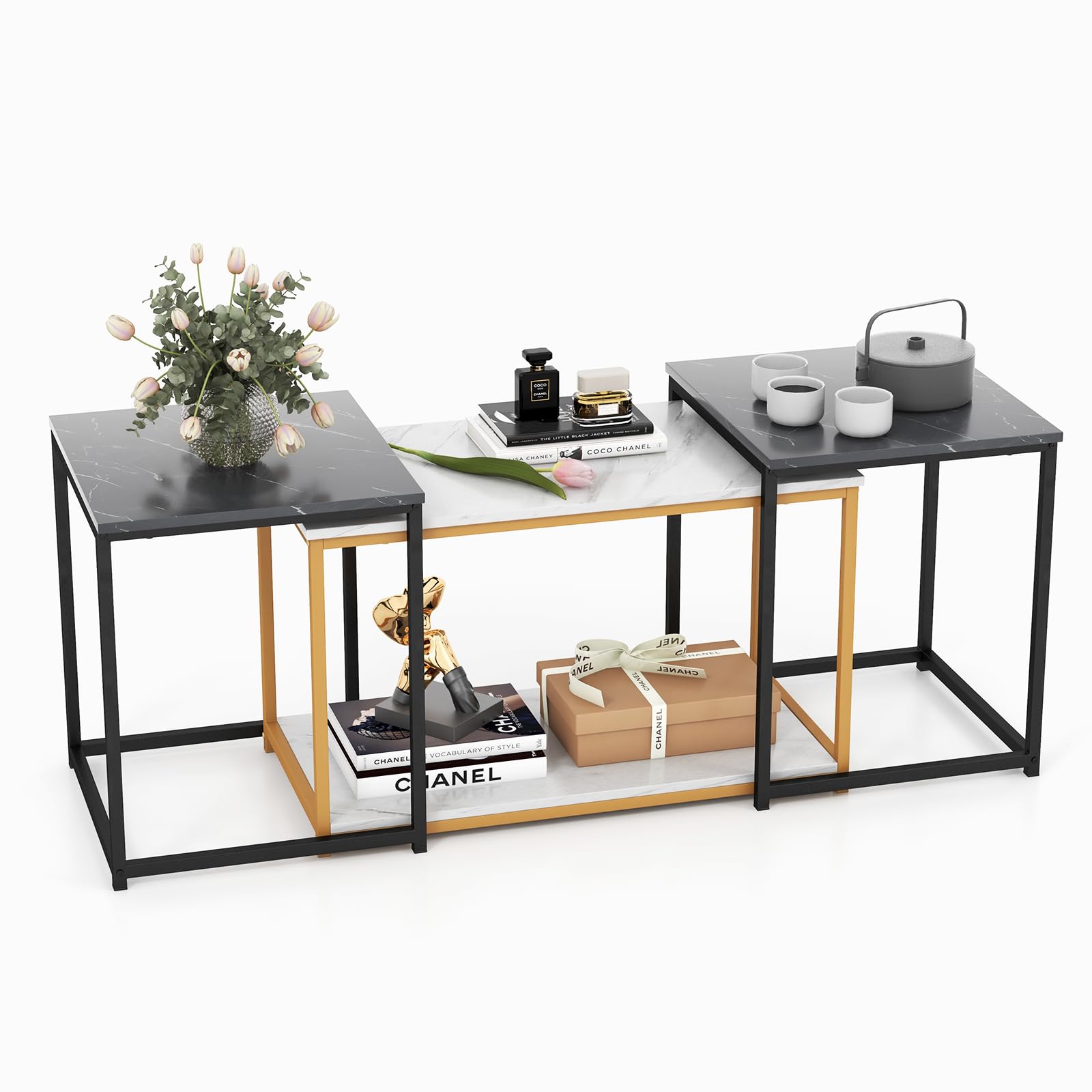 COSTWAY 3-Piece Nesting Coffee Table Set with Faux Marble Top & Heavy-Duty Metal Frame - Modern Rectangular End Tables for Small Spaces, Living Room, Bedroom | Perfect for Sofa Side Tables, Coffee Table Decor & Compact Home Furniture