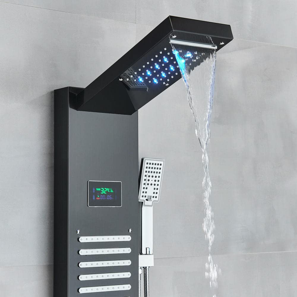 Stainless Steel LED Shower Panel Tower System with Rain & Waterfall Massage Nozzles - Modern Bathroom Upgrade for Spa-Like Experience at Home