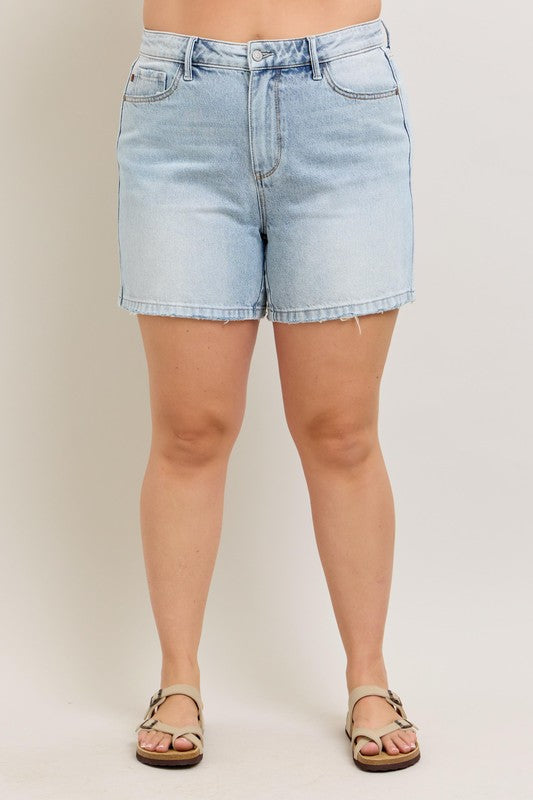 Judy Blue High Rise Denim Shorts for Women - Plus Size Distressed Frayed Hem with Pockets | Casual Summer Outfit, Beach Wear & Street Style Fashion