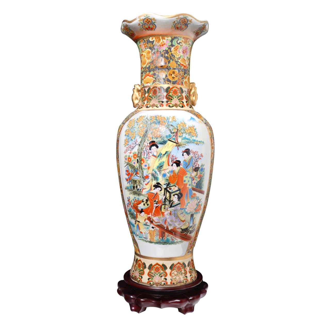 Japanese Satsuma Fluted Vase with Handles - Antique Oriental Ceramic Vase for Home Decor, Wedding Centerpiece & Gift Idea