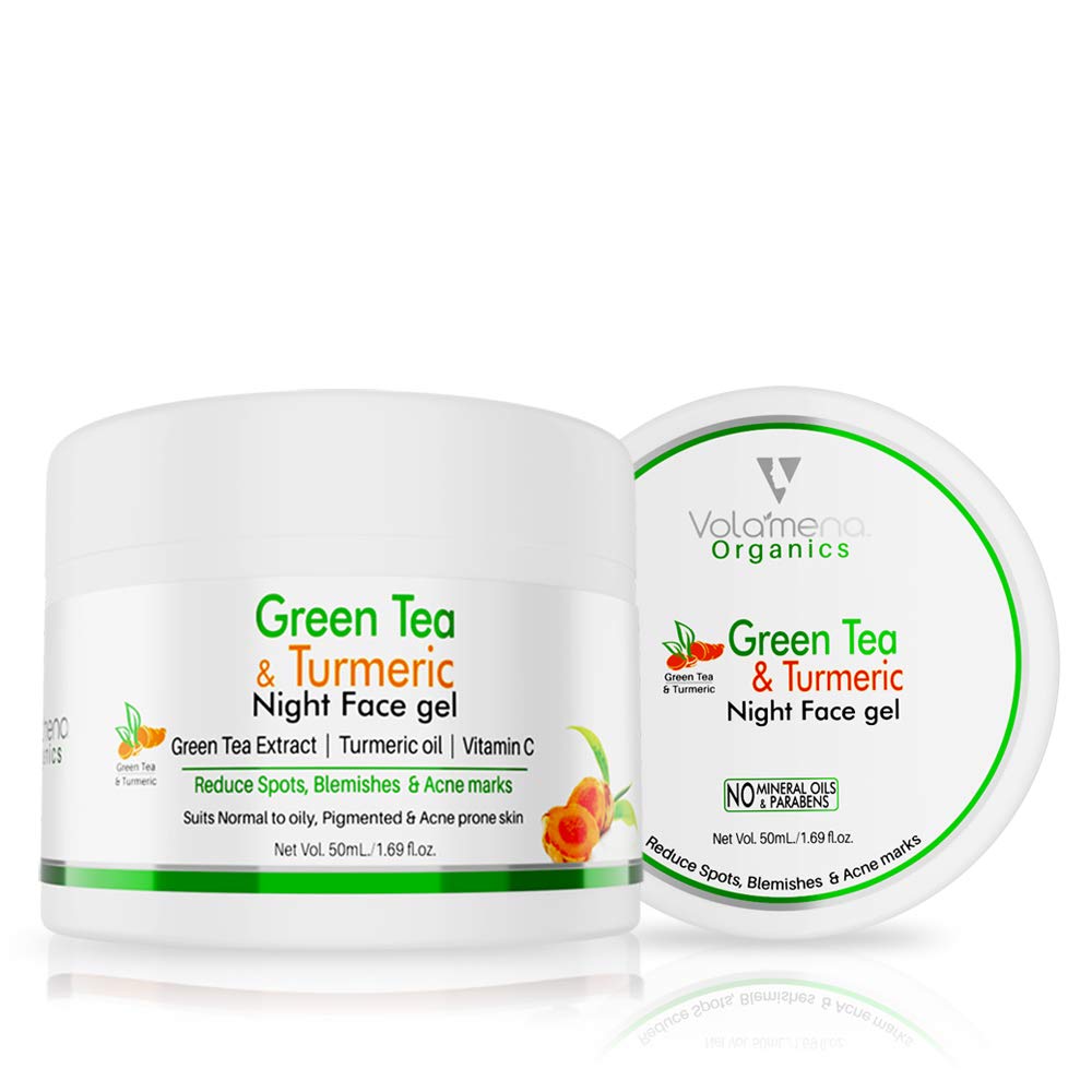 Volamena Green Tea, Turmeric & Vitamin C Night Face Gel - 50ml for Reducing Spots, Blemishes & Acne Marks | Brightening & Anti-Aging Skincare | Perfect for Nighttime Routine & Sensitive Skin Care