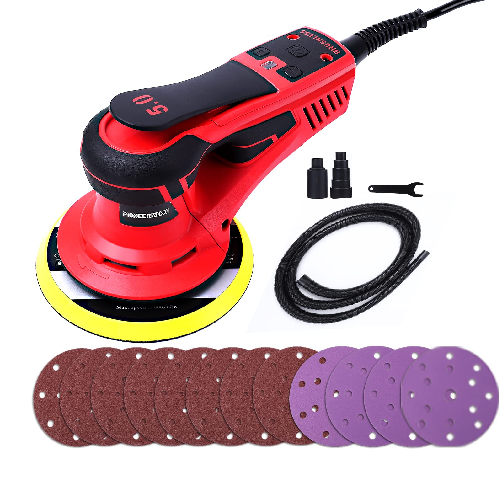 PioneerWorks 6-Inch Electric Random Orbital Sander - 350W Brushless Motor, 10000 RPM, Professional Woodworking & Polishing Tool with 20 Sanding Papers - Perfect for Furniture Refinishing, DIY Projects & Auto Body Work
