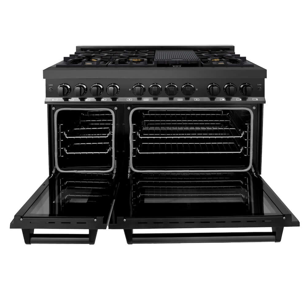 ZLINE 48 Inch 6.0 cu ft Dual Fuel Range - Black Stainless Steel Gas Cooktop with 6 Brass Burners & 2 Electric Ovens | Professional Kitchen Appliance for Home Chefs & Cooking Enthusiasts