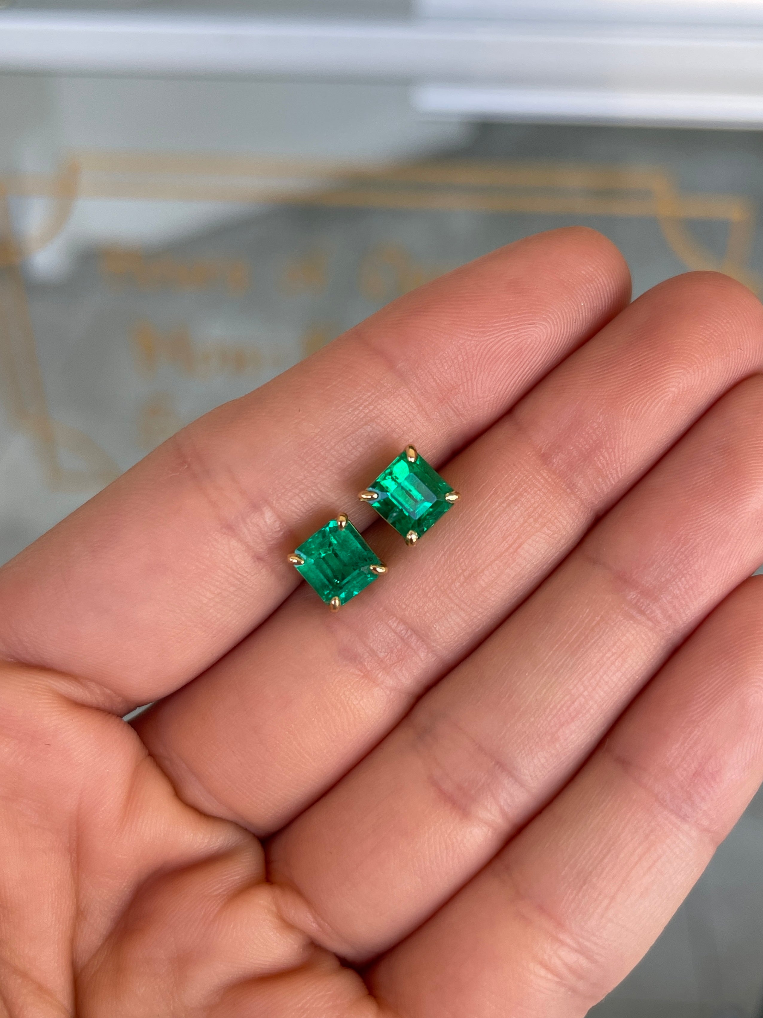 3.18tcw 7x7 AAA+ Muzo Green Asscher Cut Colombian Emerald Stud Earrings in 18K Gold - Perfect for Weddings, Anniversaries & Special Occasions