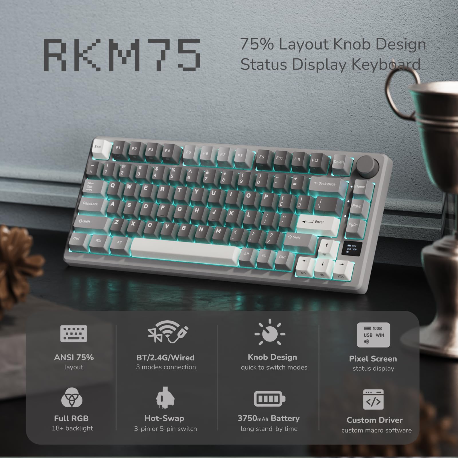 RK ROYAL KLUDGE M75 Wireless Mechanical Gaming Keyboard - 2.4Ghz/BT5.1/USB-C, 75% Compact Layout (81 Keys), Gasket Mount, OLED Display & Control Knob, RGB Backlit, Hot-Swappable Viridian Switch (Marble Grey) - Perfect for PC Gaming, Office Work & Typing Enthusiasts