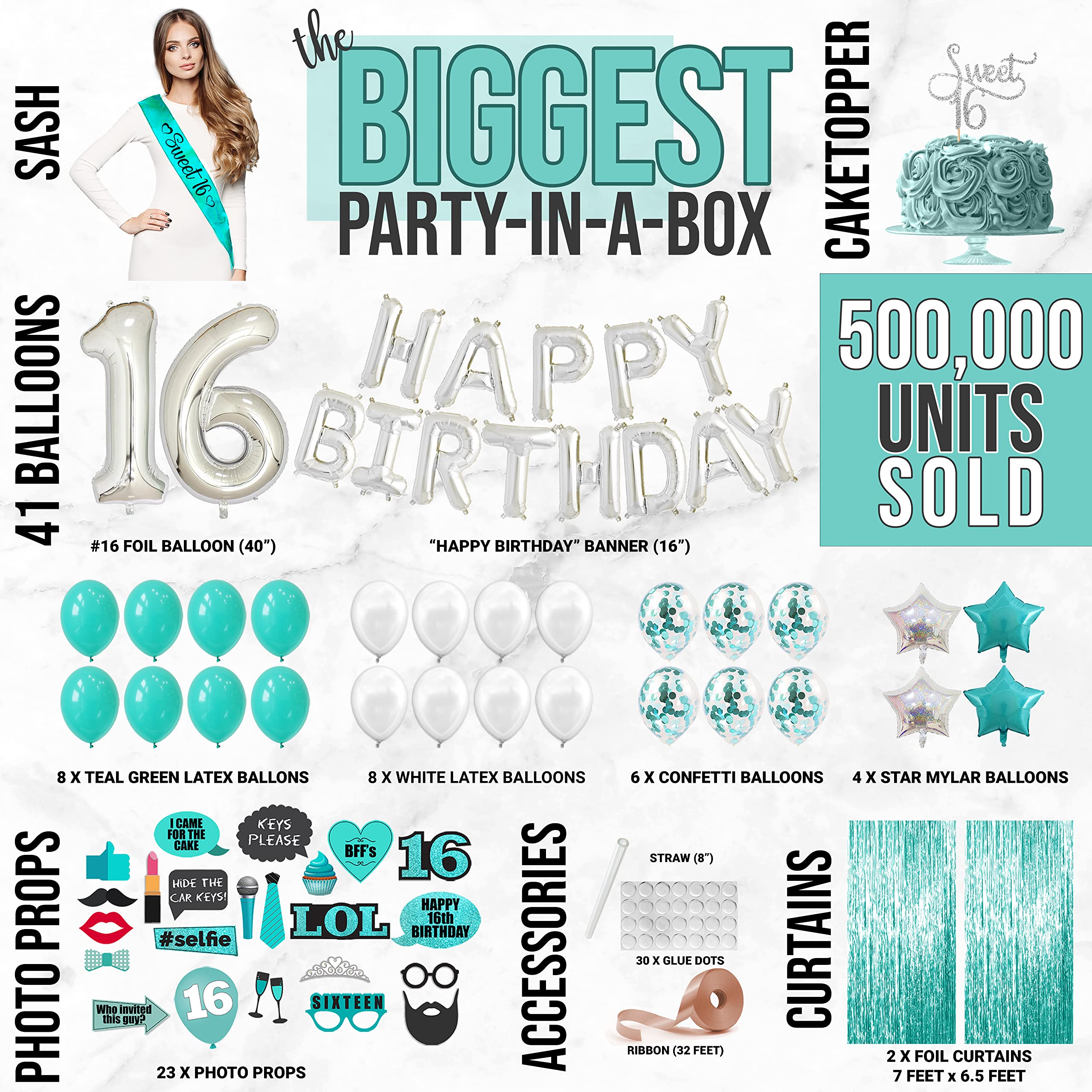 Sweet 16 Party Decorations Kit - 70PCS Teal Green & White Birthday Supplies for Girls (Sash, Balloon Numbers, Cake Topper, Banners, Photo Booth Props) - Perfect for Sweet 16 Celebrations, Birthday Parties & Photo Shoots