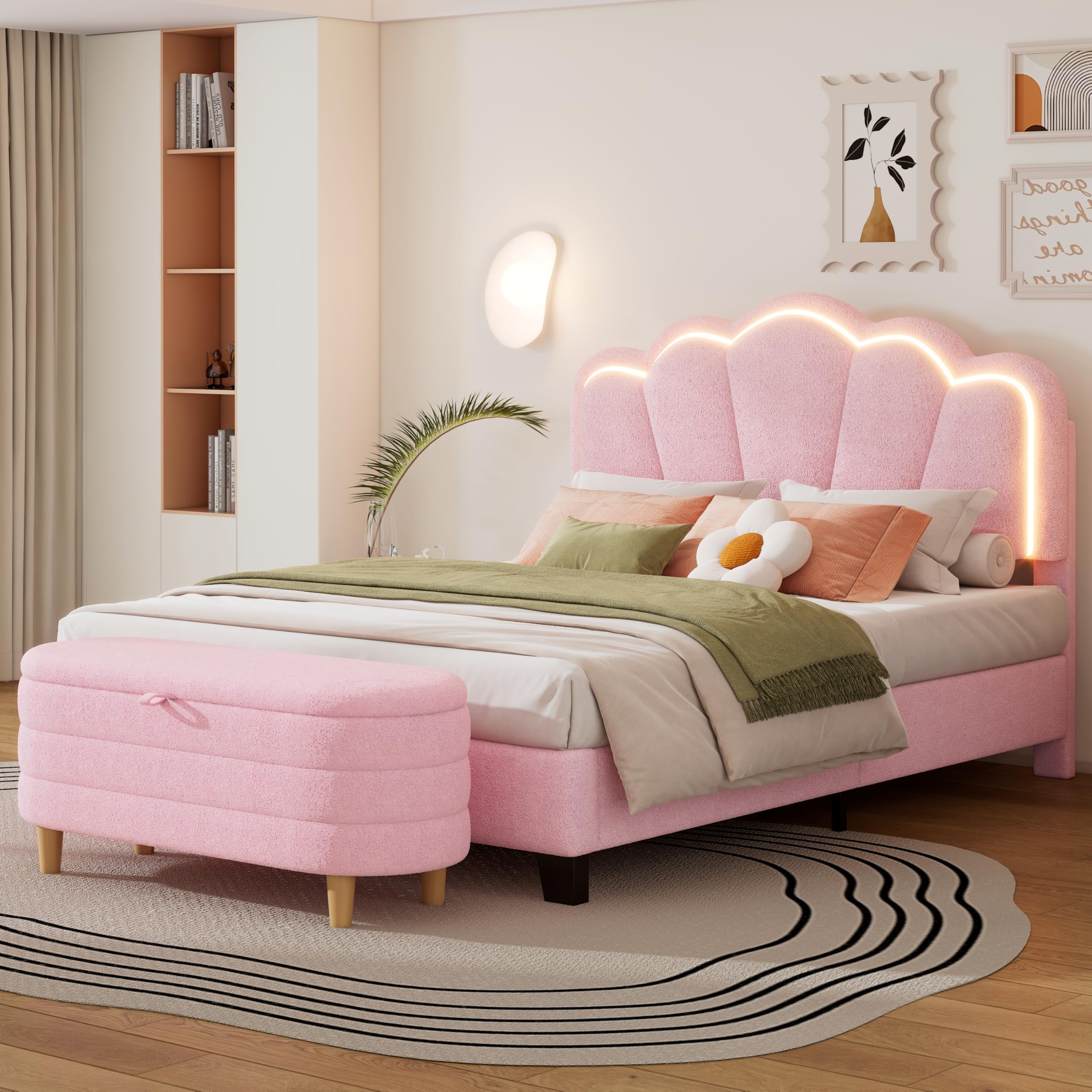 SOFTSEA Full Size Upholstered Platform Bed with LED Lights & Storage Ottoman - 2 Piece Pink Bedroom Furniture Set for Girls, Teens & Adults | Modern Bed Frame with Underbed Storage & Nightstand Alternative | Perfect for Small Spaces, Dorm Rooms & Master Bedrooms