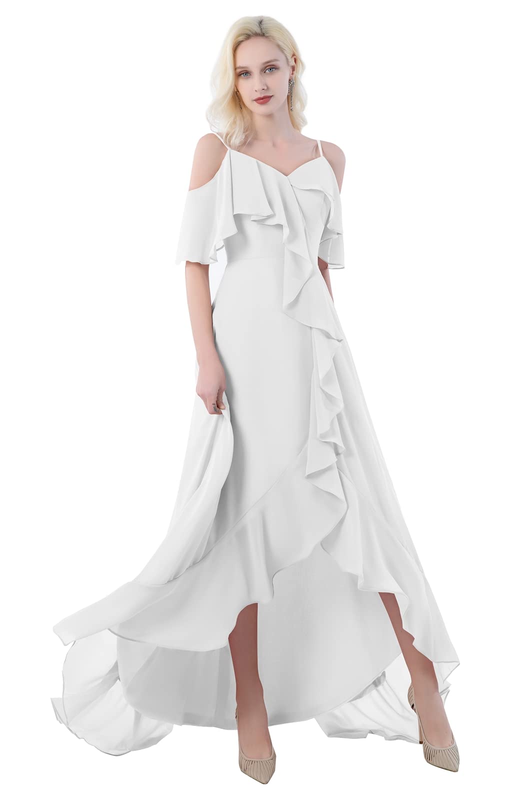 ZMOVQA Women's Off The Shoulder V-Neck Chiffon Bridesmaid Dress with Ruffle Sleeves - A-Line Formal Evening Gown for Weddings, Prom & Special Occasions