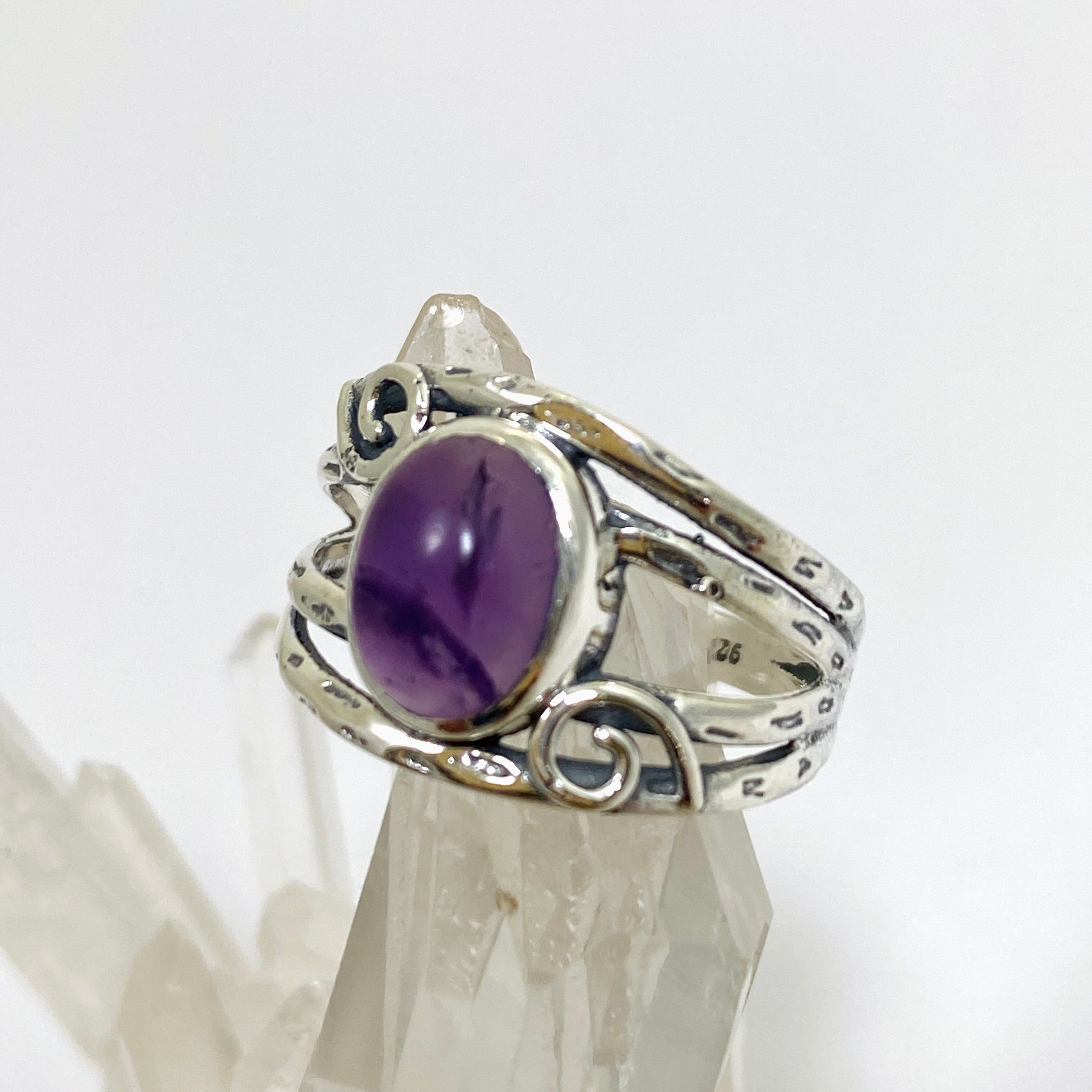 Amethyst Oval Cabochon Ring in Decorative Sterling Silver Setting R4025 - Perfect for Women's Fashion Jewelry, Gift Giving & Special Occasions