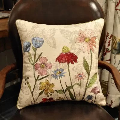 Dragonfly and Flower Cotton Linen Embroidered Decorative Pillow Cover - Bohemian Throw Pillow for Sofa, Bed, Car & Home Decor - Soft Cushion Cover for Living Room, Bedroom, Office
