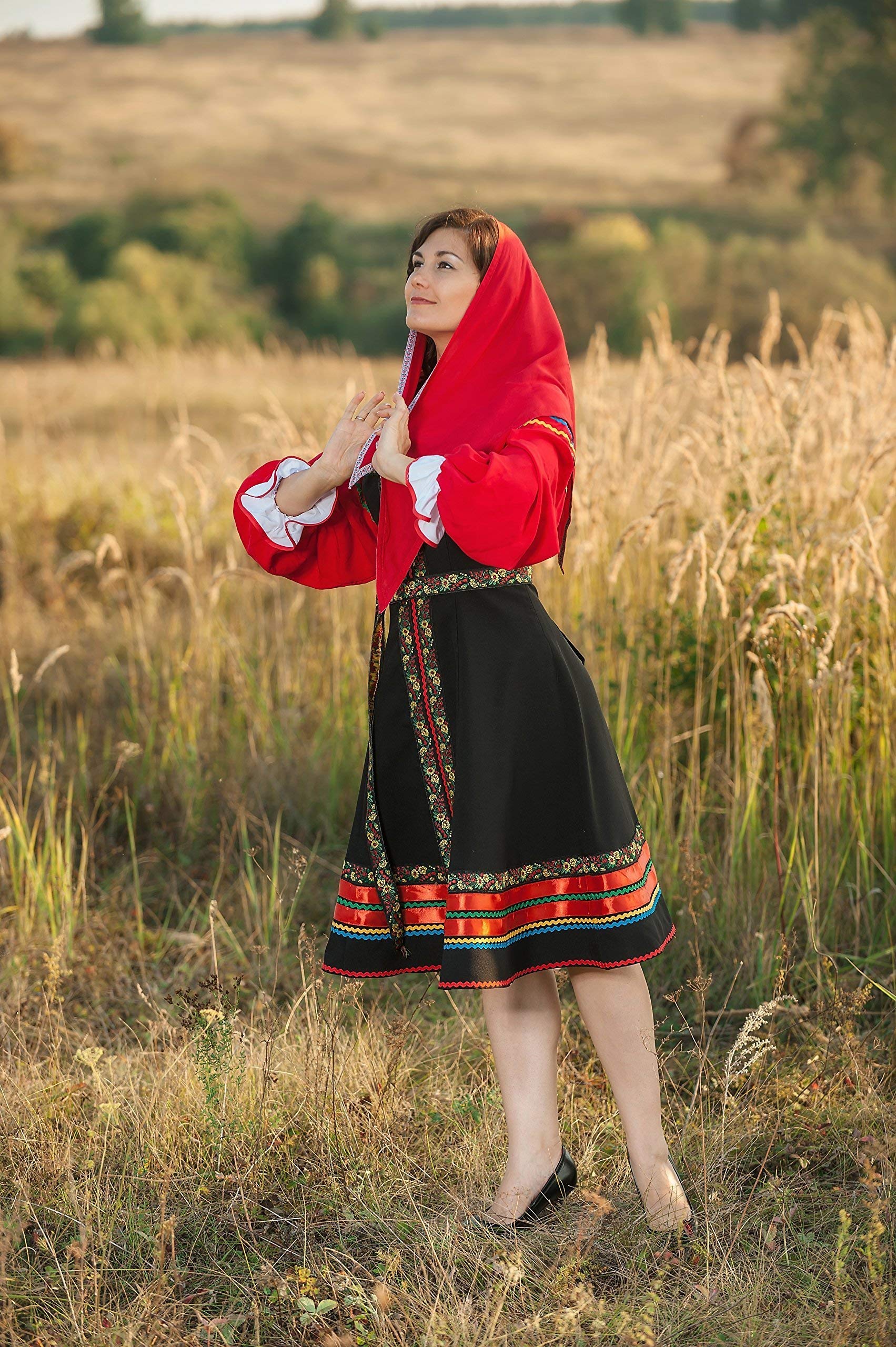 Traditional Russian Sarafan Dress - Red Folk Dance Costume with White Blouse for Women | Perfect for Cultural Performances, Festivals & Themed Parties