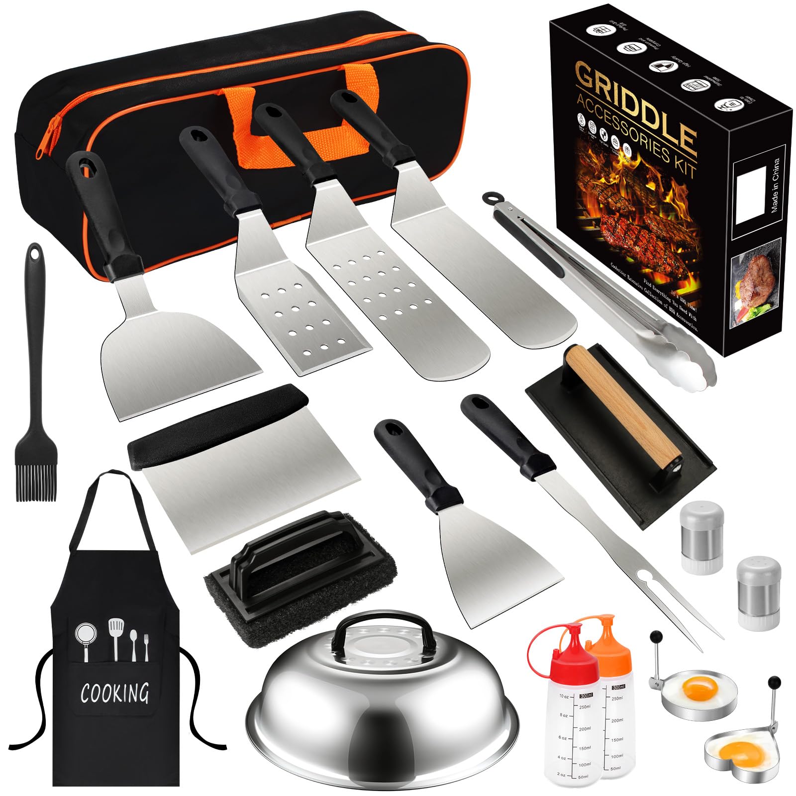 20PCS Griddle Accessories Kit for Blackstone & Camp Chef - Heavy Duty Grill Spatula Set with Enlarged Spatulas, Basting Cover & Iron Smash Burger Press - Perfect for Outdoor BBQ, Camping & Backyard Cooking