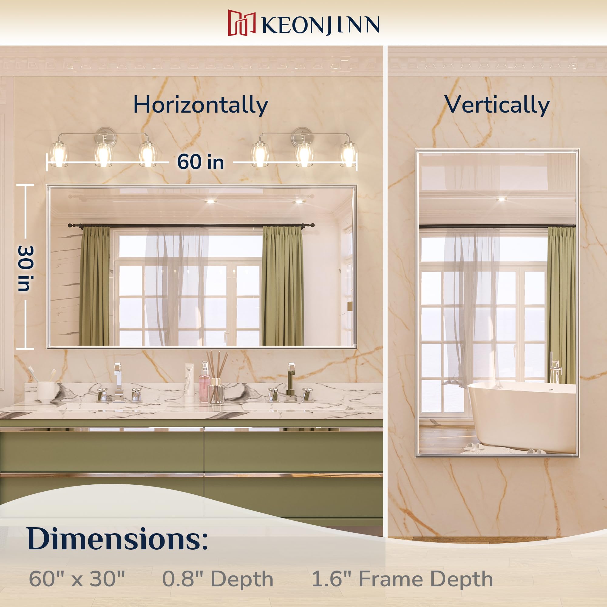 Keonjinn 60 x 30 Inch Silver Bathroom Vanity Mirror - Large Rectangular Wall Mirror with Metal Frame, Farmhouse Style - Horizontal/Vertical Mounting for Over Sink - Perfect for Bathroom Decor, Makeup Application and Dressing Area