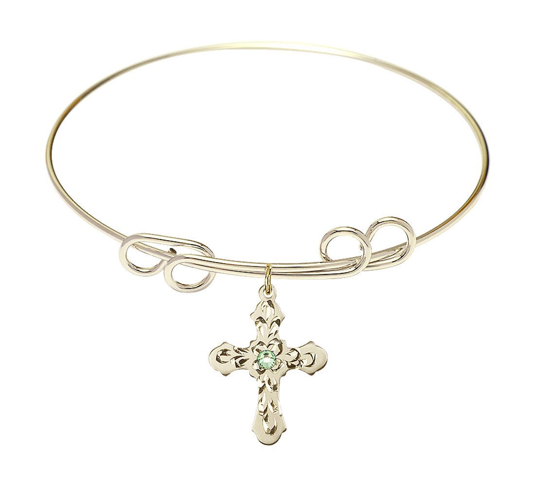 8 Inch Round Double Loop Bangle Bracelet with Cross Medal Charm & August Green Crystal - Elegant Jewelry for Women, Perfect for Parties, Weddings & Everyday Wear