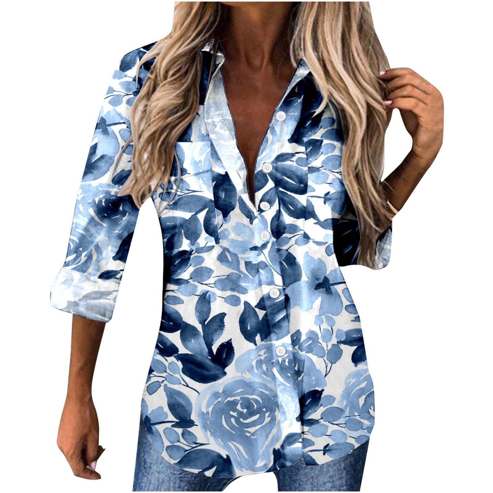 Maqroz Women's Business Casual Long Sleeve Blouse - Button Down Shirt with Leaf Print, Pockets & Lapel - Summer Office Wear & Casual Outfit Essential