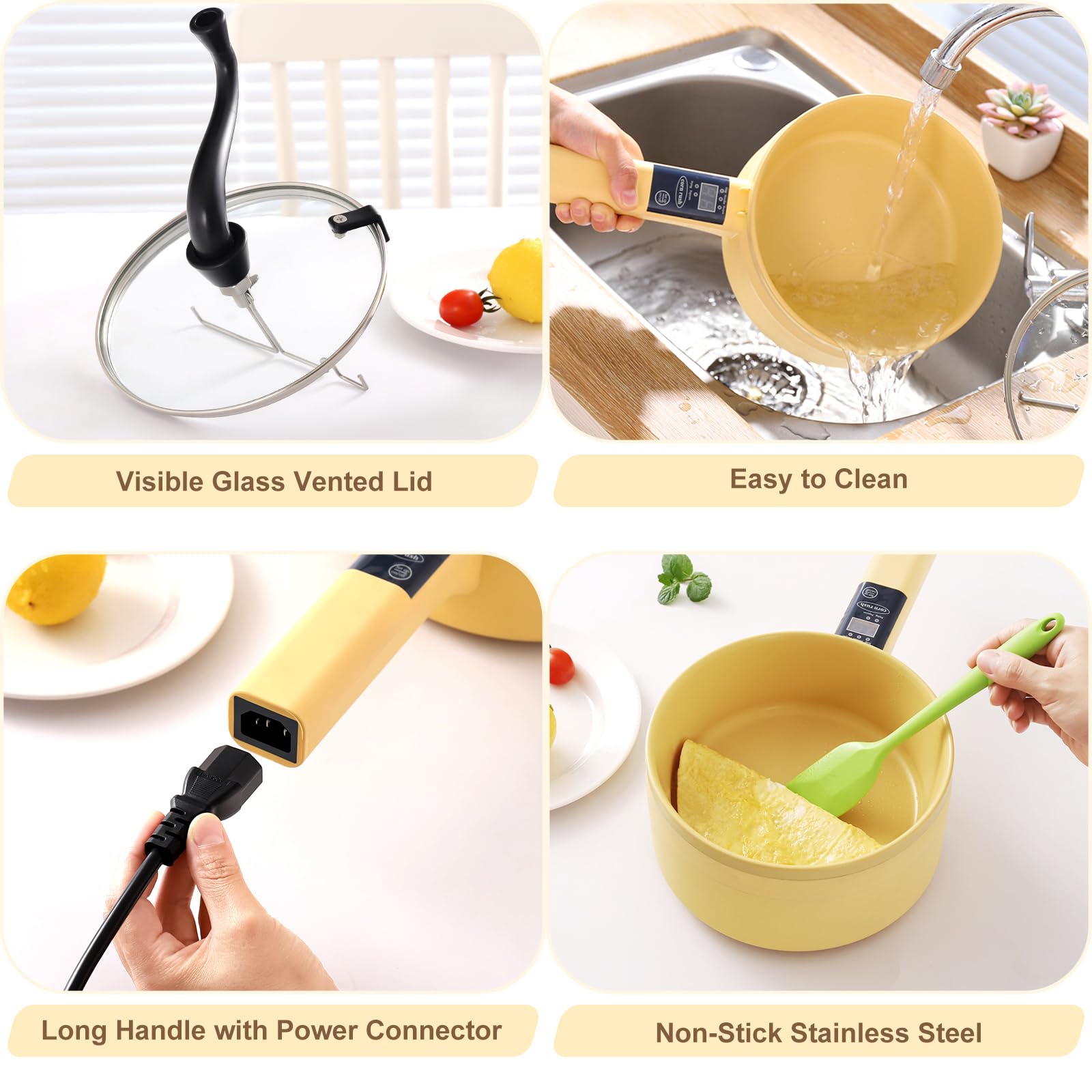 Upgraded 1L Multifunctional Electric Hot Pot Cooker - Non-Stick Stainless Steel Mini Portable Lazy Pot for Ramen, Popcorn, Steak & Egg Soup - Perfect for Camping, Travel & Dorm Use with Adjustable Power & Long Handle (Yellow)