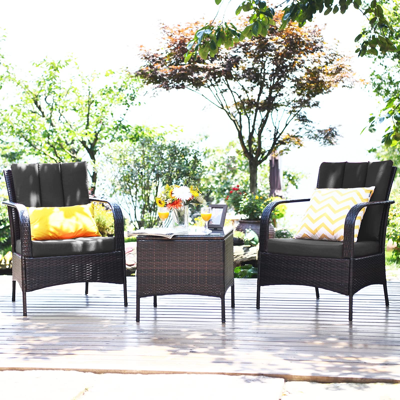 Tangkula 3-Piece Outdoor Patio Furniture Set - 2 Rattan Wicker Chairs with Tempered Glass Coffee Table - Weather-Resistant Garden, Porch, Poolside Conversation Set for Backyard, Deck, and Outdoor Relaxation