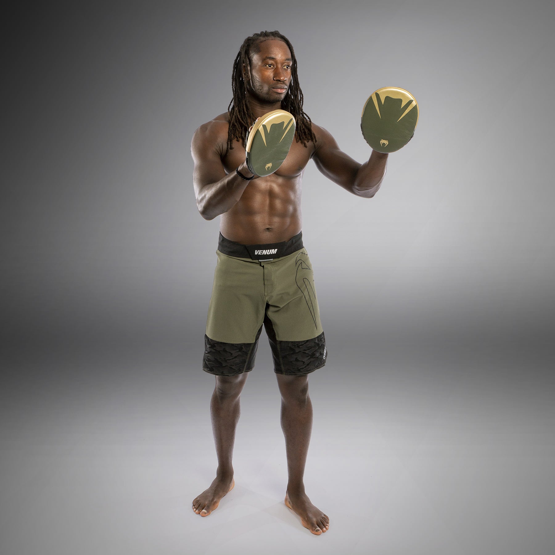 Venum Pro Boxing Flat Punch Mitts (Pair) - Khaki/Gold - Premium MMA & Kickboxing Training Gear for Fighters & Coaches