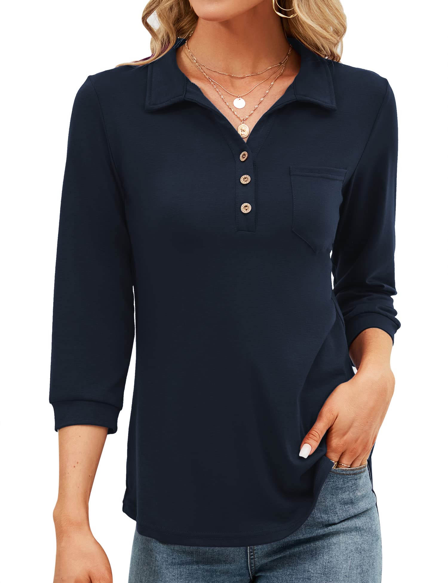 TFSDOD Women's Short Sleeve Polo Shirts - V-Neck Business Casual Button Down Tunic Tops with Pocket for Office Work & Professional Wear | Perfect for Business Meetings, Office Outfits & Smart Casual Occasions