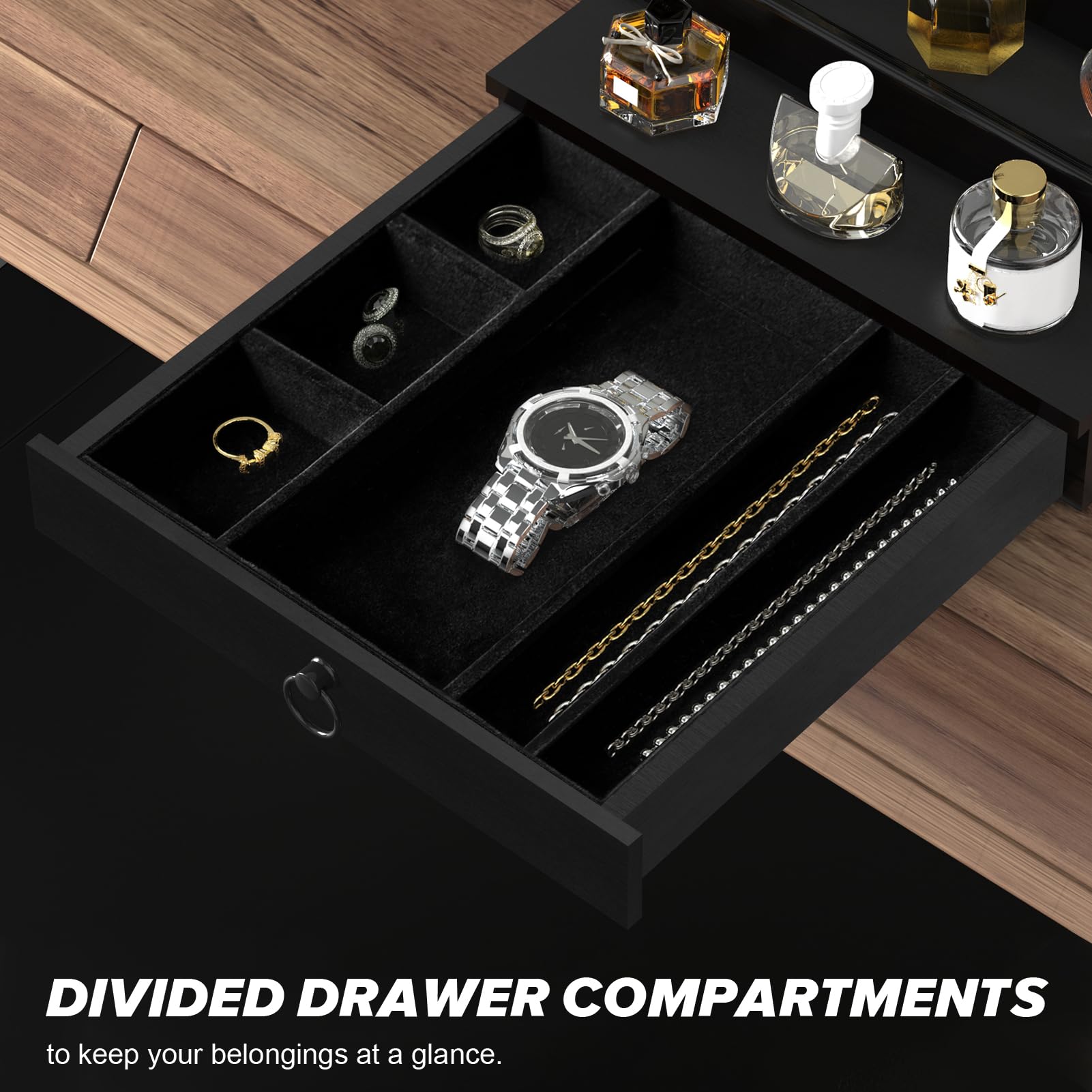 5-Tier Black Cologne Organizer for Men with Drawer & Hidden Compartment - Perfume Display Stand & Storage Shelf - Perfect Gift for Him - Ideal for Bathroom, Dresser, and Vanity Organization