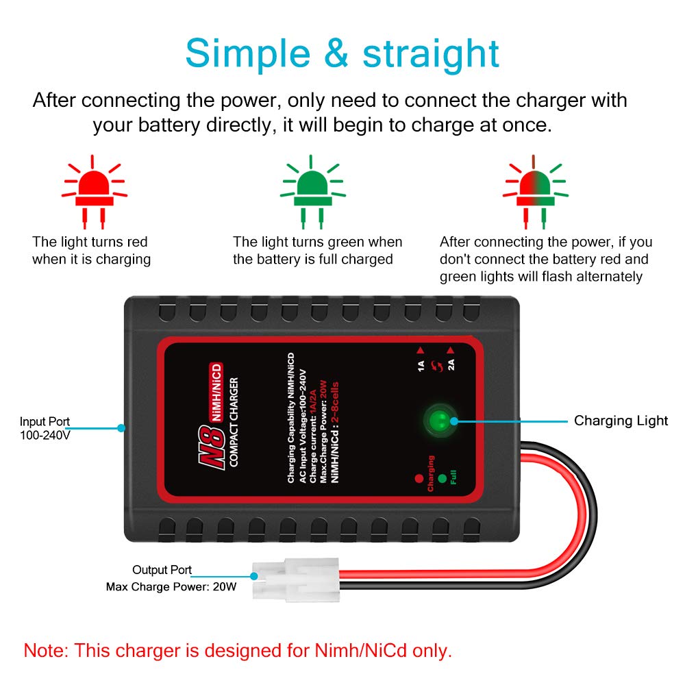 2-8s NiMH/NiCd Battery Charger with Tamiya Connector - 1000mA/2000mA Charging Current for RC Cars, Boats & Hobbies | Fast Charging for RC Vehicles & Remote Control Toys