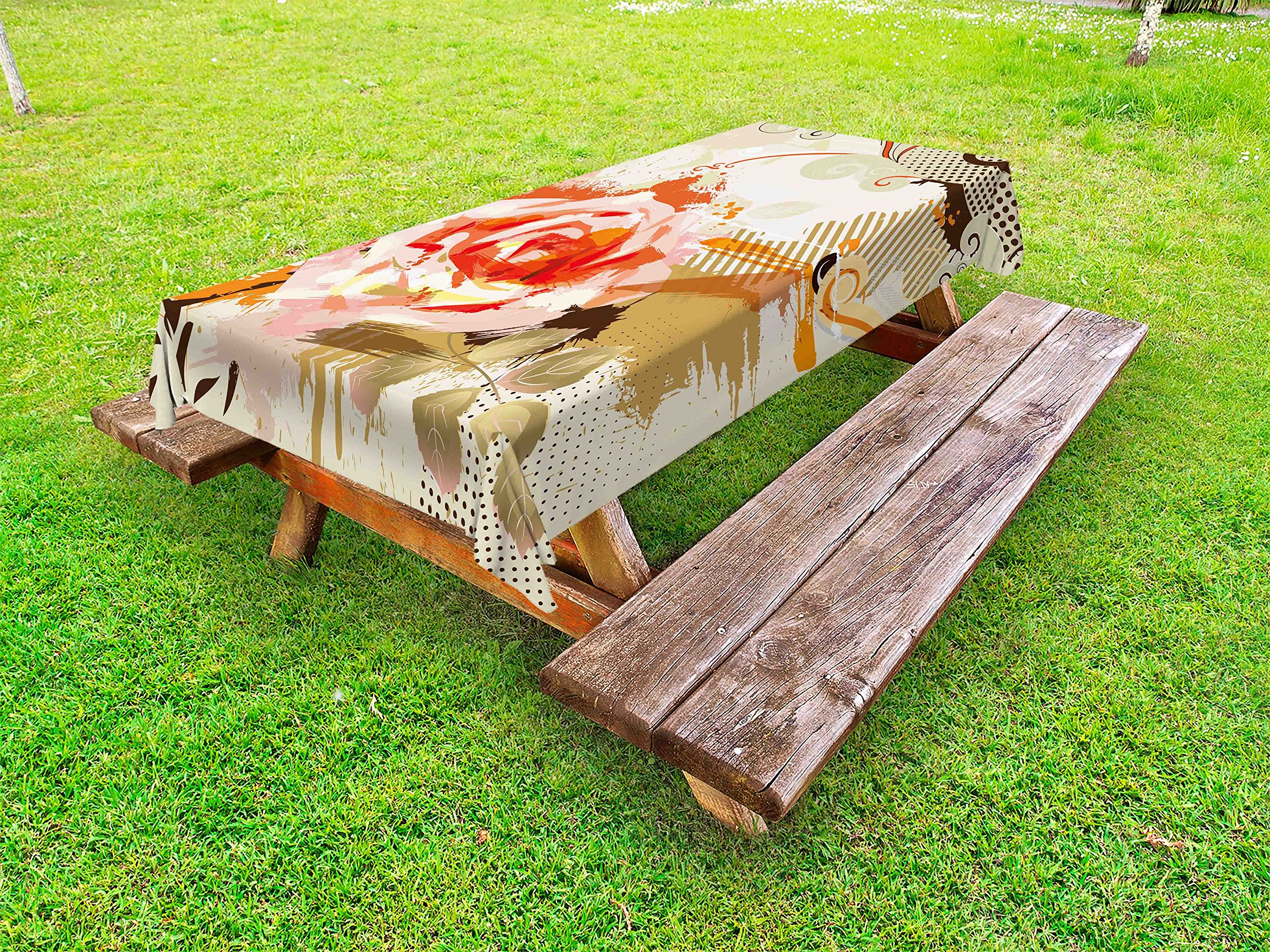 Ambesonne Rose Outdoor Tablecloth - Large Abstract Grunge Rose & Floral Retro Design, Washable Picnic Table Cover 58x120 Inches, Khaki Orange Pink - Perfect for Garden Parties, BBQs & Outdoor Dining