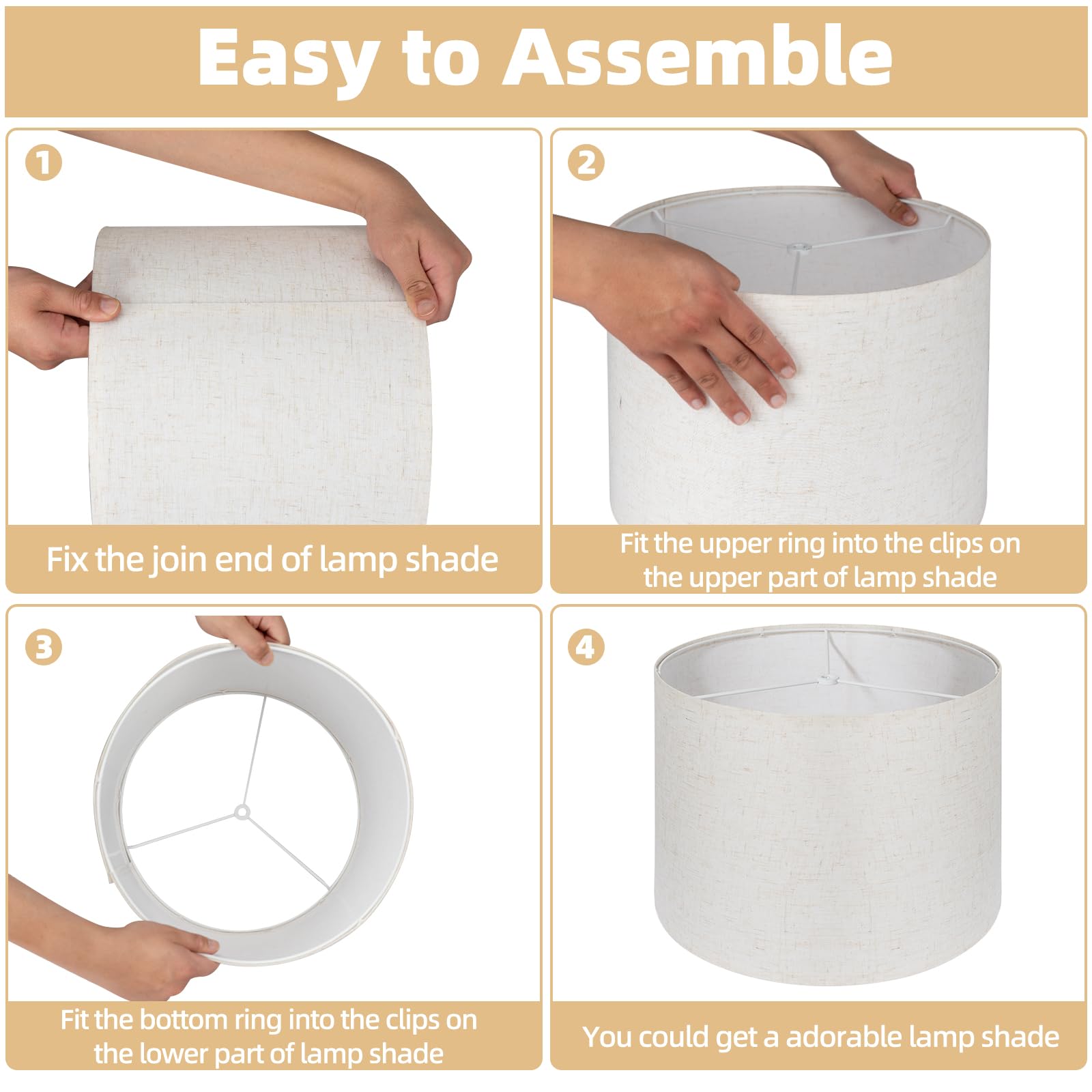 2-Pack 13x13x10 Inch Drum Lamp Shades - Easy Assembly Spider Fitter Linen White Lampshades for Table, Bedside & Floor Lamps - Perfect for Living Room, Bedroom & Office Lighting Decor
