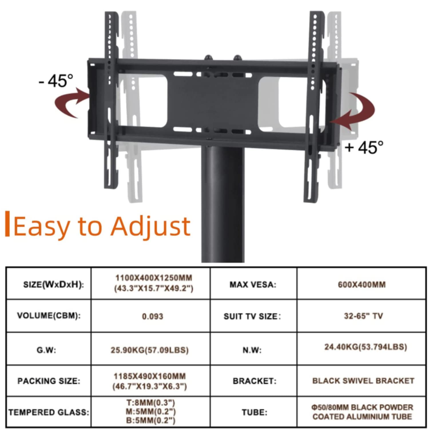 Swivel Corner Floor TV Stand with Mount for 32-65 Inch Flat & Curved Screens - Adjustable 3-Tier Tempered Glass TV Stand with Cable Management, Max VESA 600x400mm - Perfect for Living Room, Bedroom & Home Theater Setup