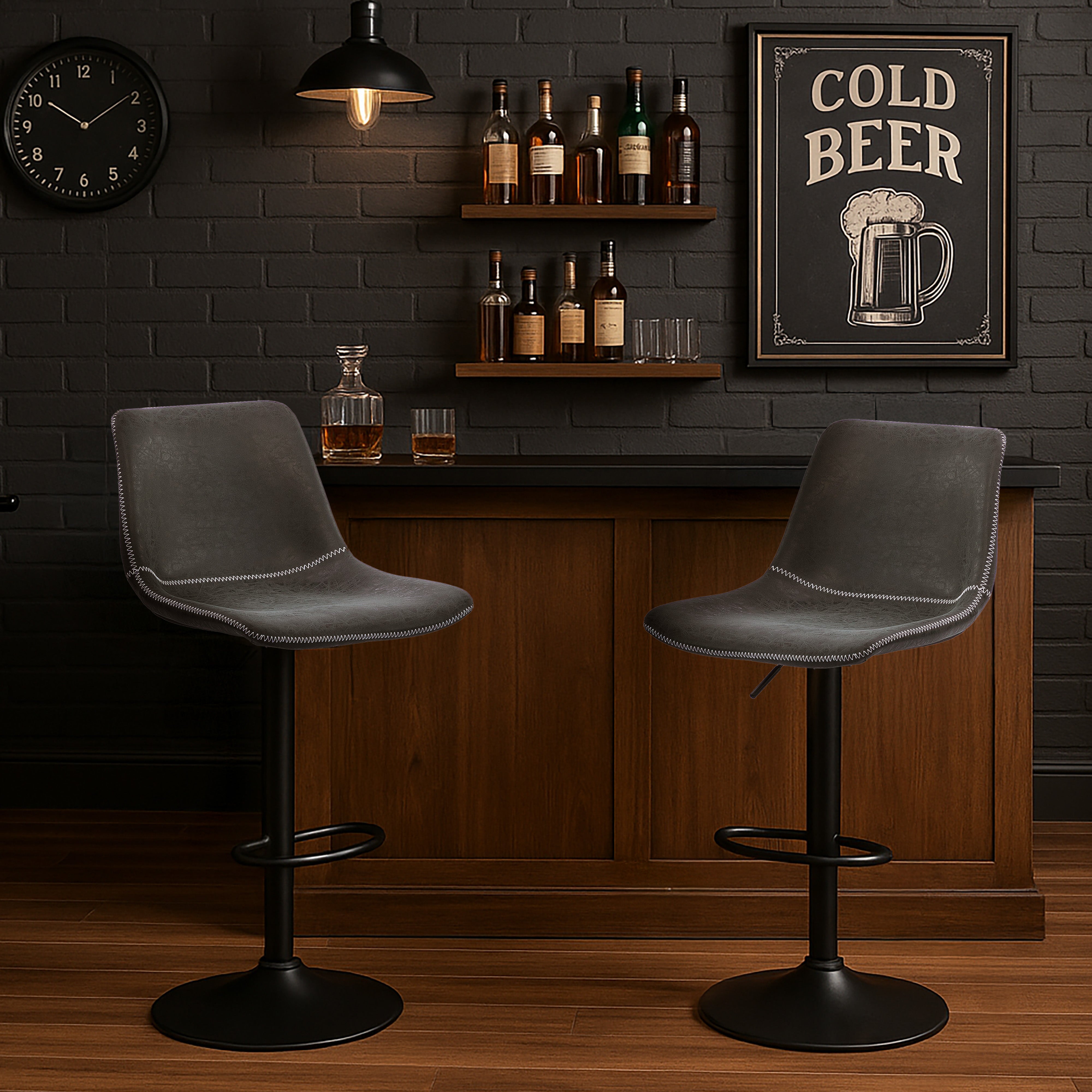 Urban Style Gary Bar Stools - Set of 2 Black PU Seat Gas Lift Height Adjustable Metal Barstools for Kitchen Island, Home Bar & Breakfast Nook