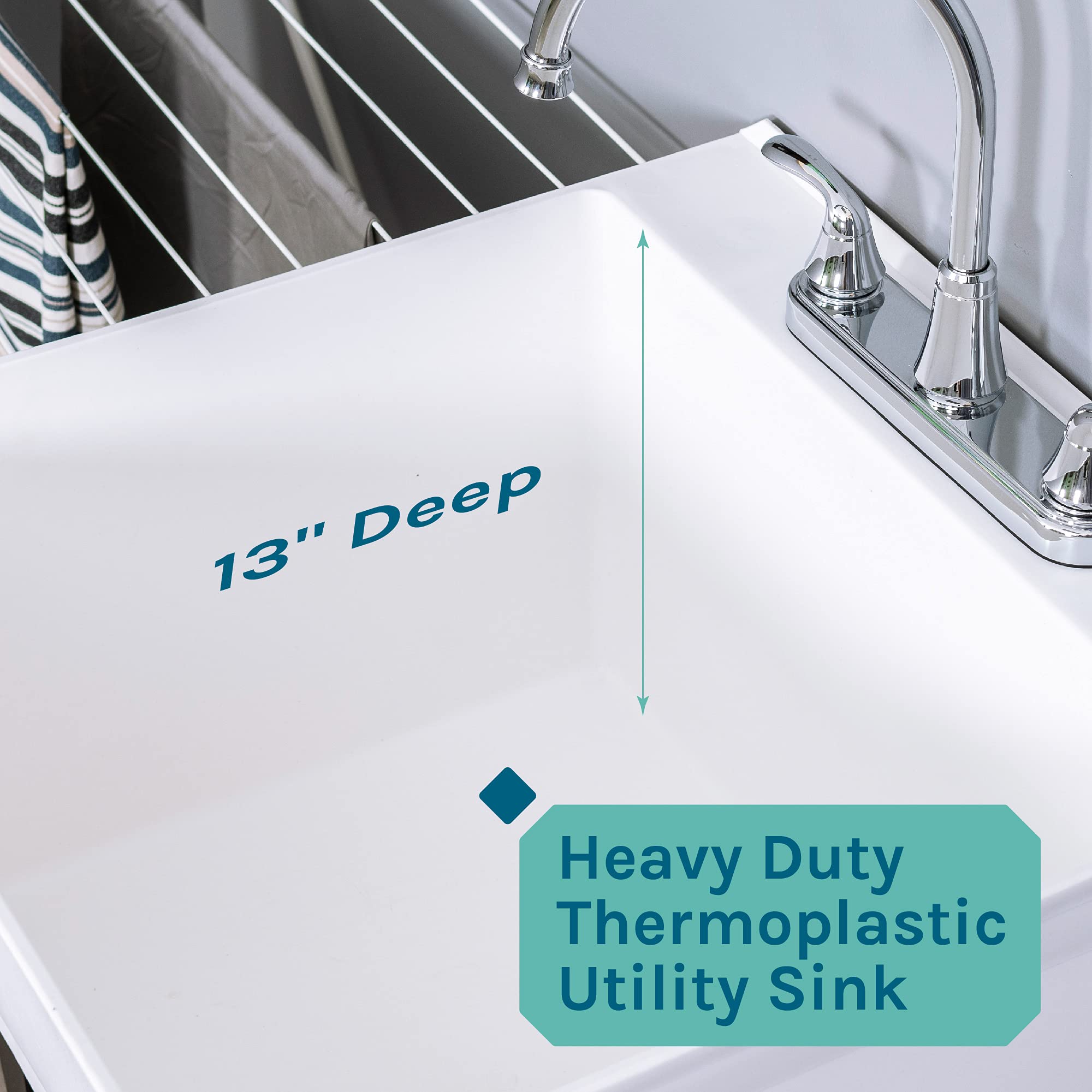 Heavy Duty Utility Sink with Gooseneck Faucet - Large Free Standing Laundry Tub for Basement, Garage & Laundry Room - Durable Slop Sink by JS Jackson Supplies - Perfect for Washing Clothes, Cleaning Tools & DIY Projects (Chrome Faucet)