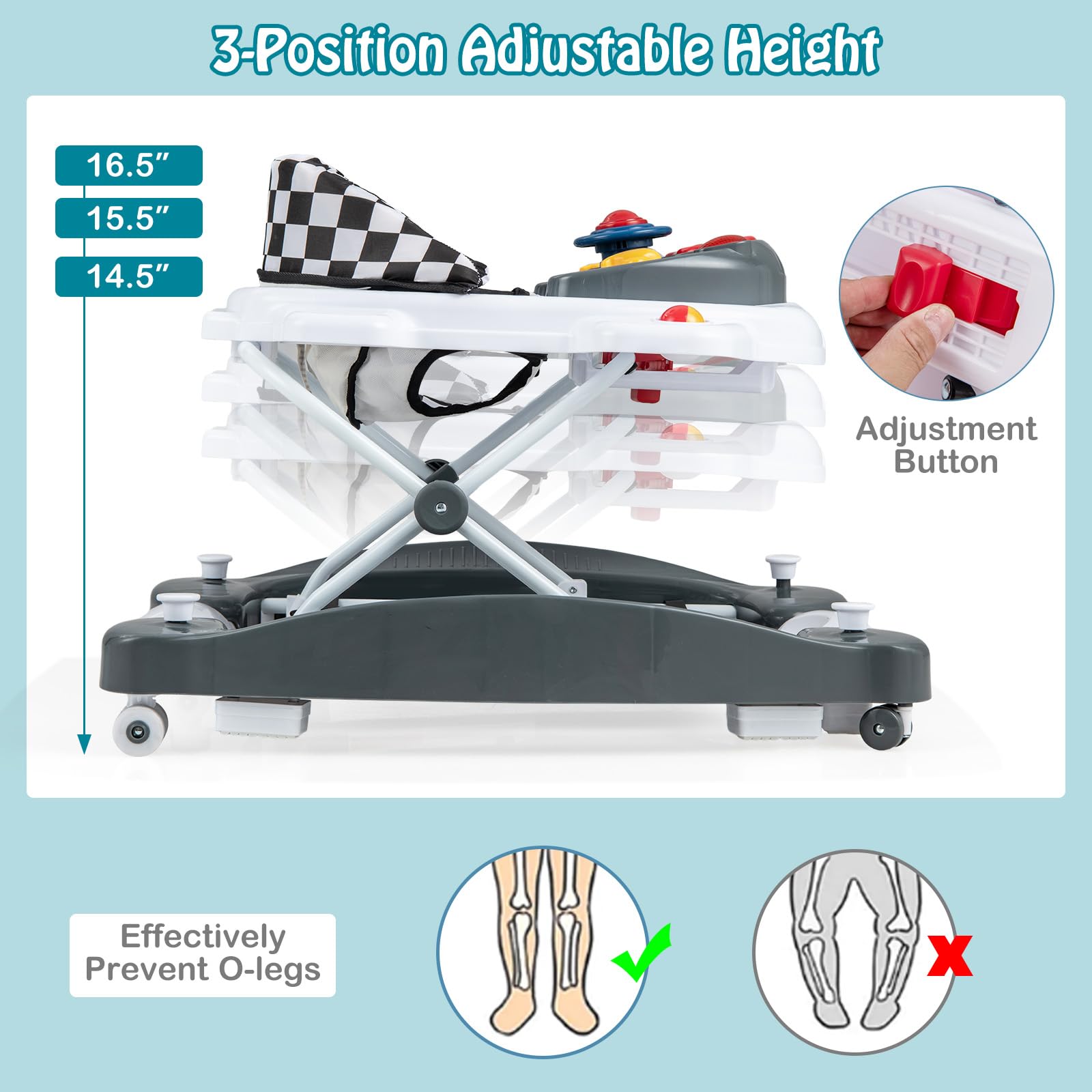 HONEY JOY 6-in-1 Foldable Baby Walker & Bouncer Combo - Adjustable Height Activity Walker with Wheels, Rocker, Music & Lights for Infants 7-14 Months (Gray) | Perfect for Playtime, Learning to Walk & Indoor Entertainment for Baby Boys & Girls