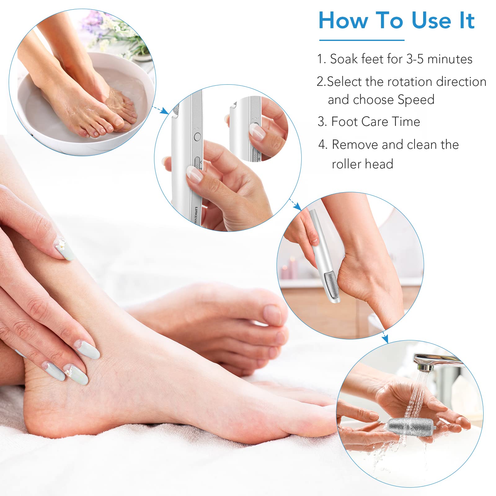 Electric Callus Remover for Feet - Professional Pedicure Kit with Foot Scrubber for Dry, Dead, Cracked & Hard Skin - Home Spa Care for Men & Women (Cold White) - Perfect for At-Home Pedicures & Foot Care Routines
