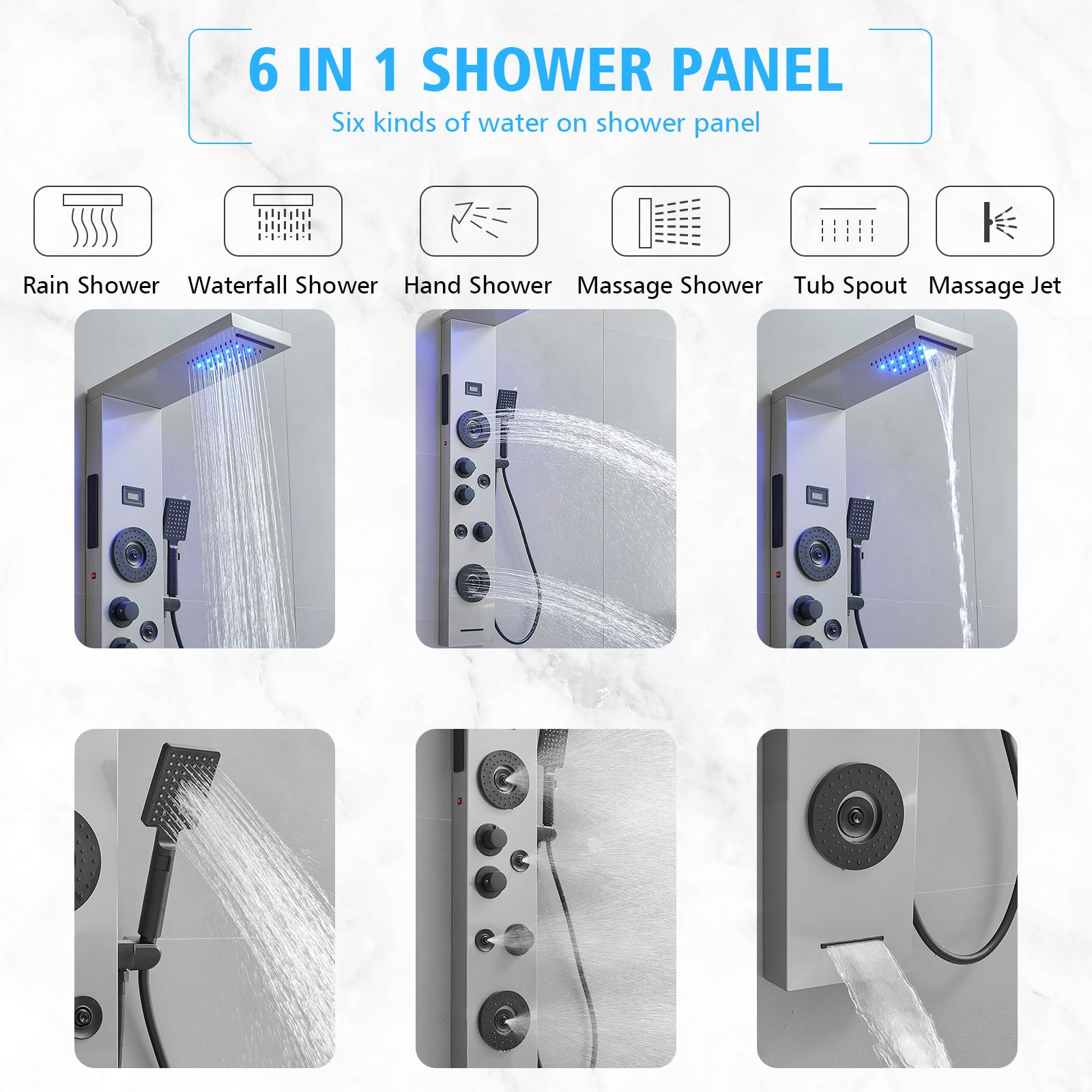 BWE Stainless Steel Shower Panel Tower System with LED Rainfall Shower Head - 4 Massage Jets, 3-Function Handheld Shower & Waterfall Tub Spout - Wall Mounted Shower Panel with Temperature Display - Perfect for Luxury Bathroom Renovation & Spa-Like Shower Experience