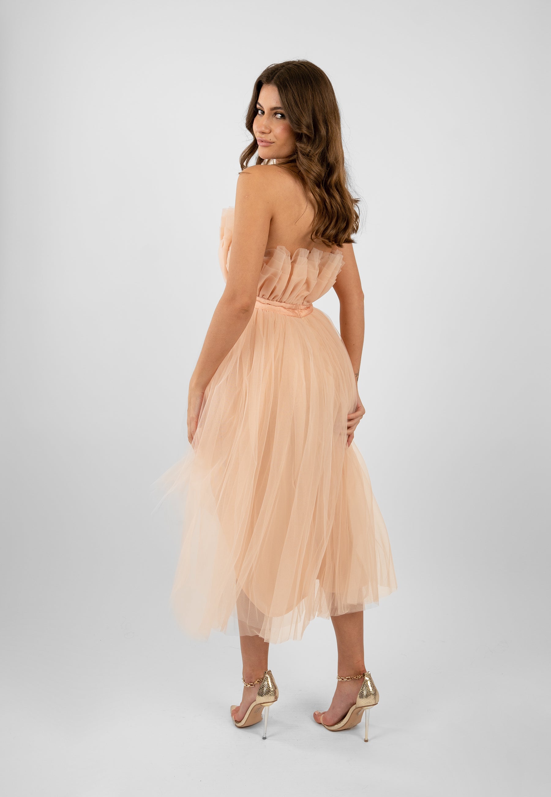 Elegant Nidha High Low Tulle Dress in Nude - Perfect for Prom, Wedding, and Special Occasions