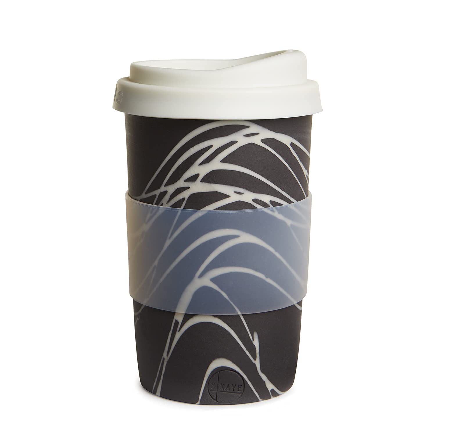 Handmade Ceramic Travel Cups with Silicone Lid & Cuff - 12-14oz Porcelain Coffee Mugs for Home, Car & Coffee Shops - Dishwasher Safe - Black & White Swirl Design - Perfect for Commuting, Camping & Office Use