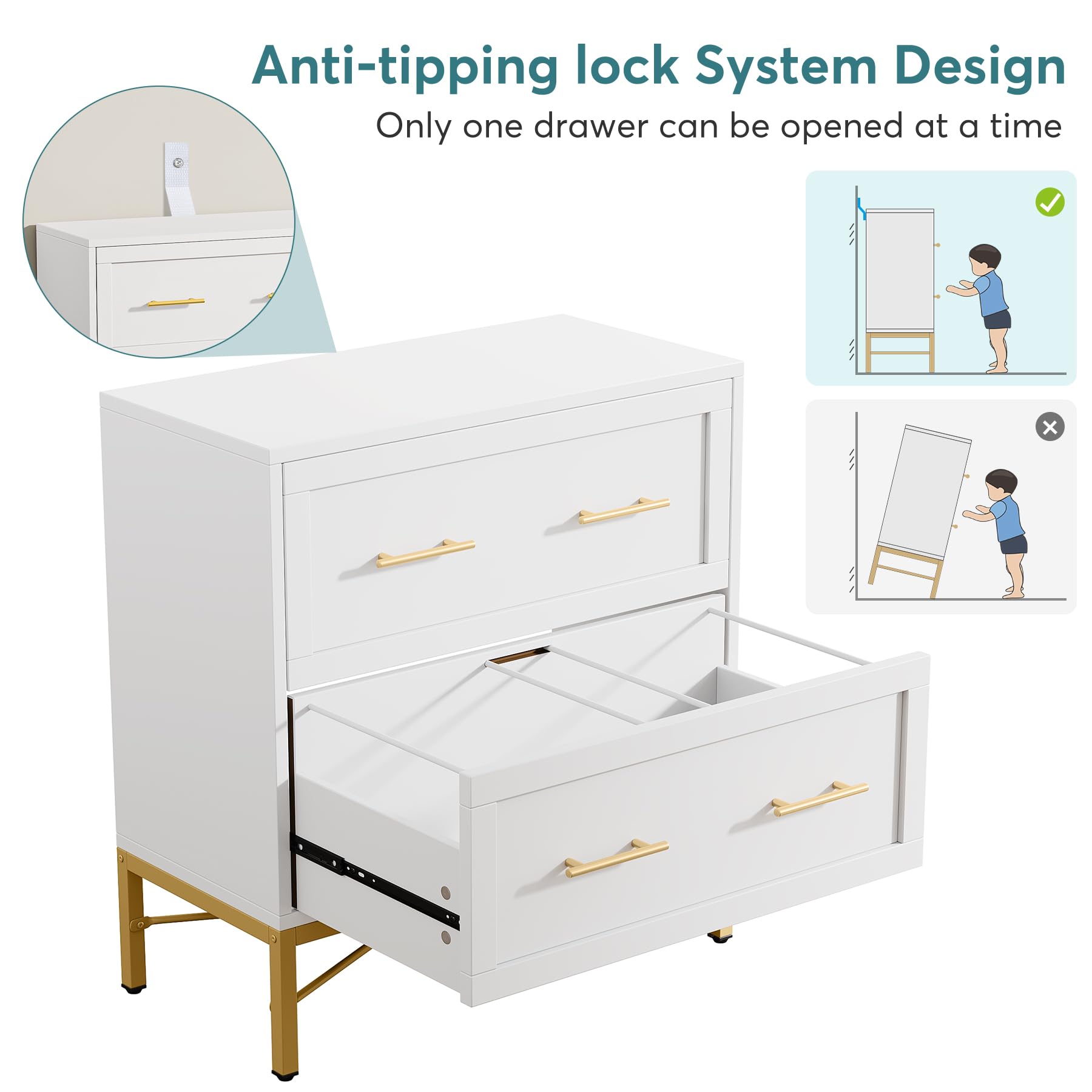 Tribesigns 2-Drawer Lateral File Cabinet - White & Gold Modern Wood Storage Cabinet for Letter/Legal/A4 Files, Printer Stand for Home & Office - Perfect for Organizing Documents, Office Supplies & Workspace Decor