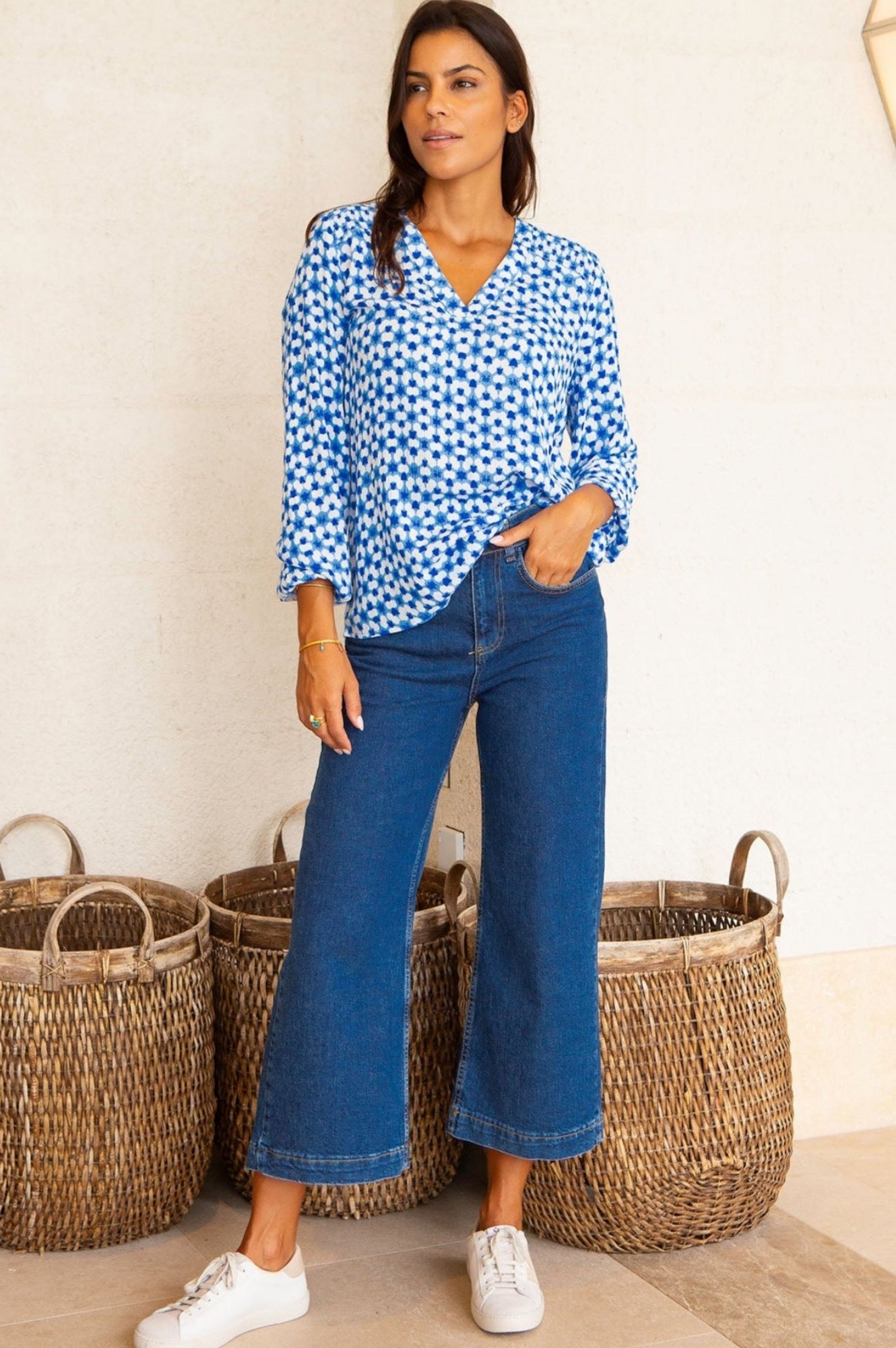 Clea Blouse | Maui Blue & White Floral Print Women's Top | Perfect for Beach Vacations & Summer Outfits