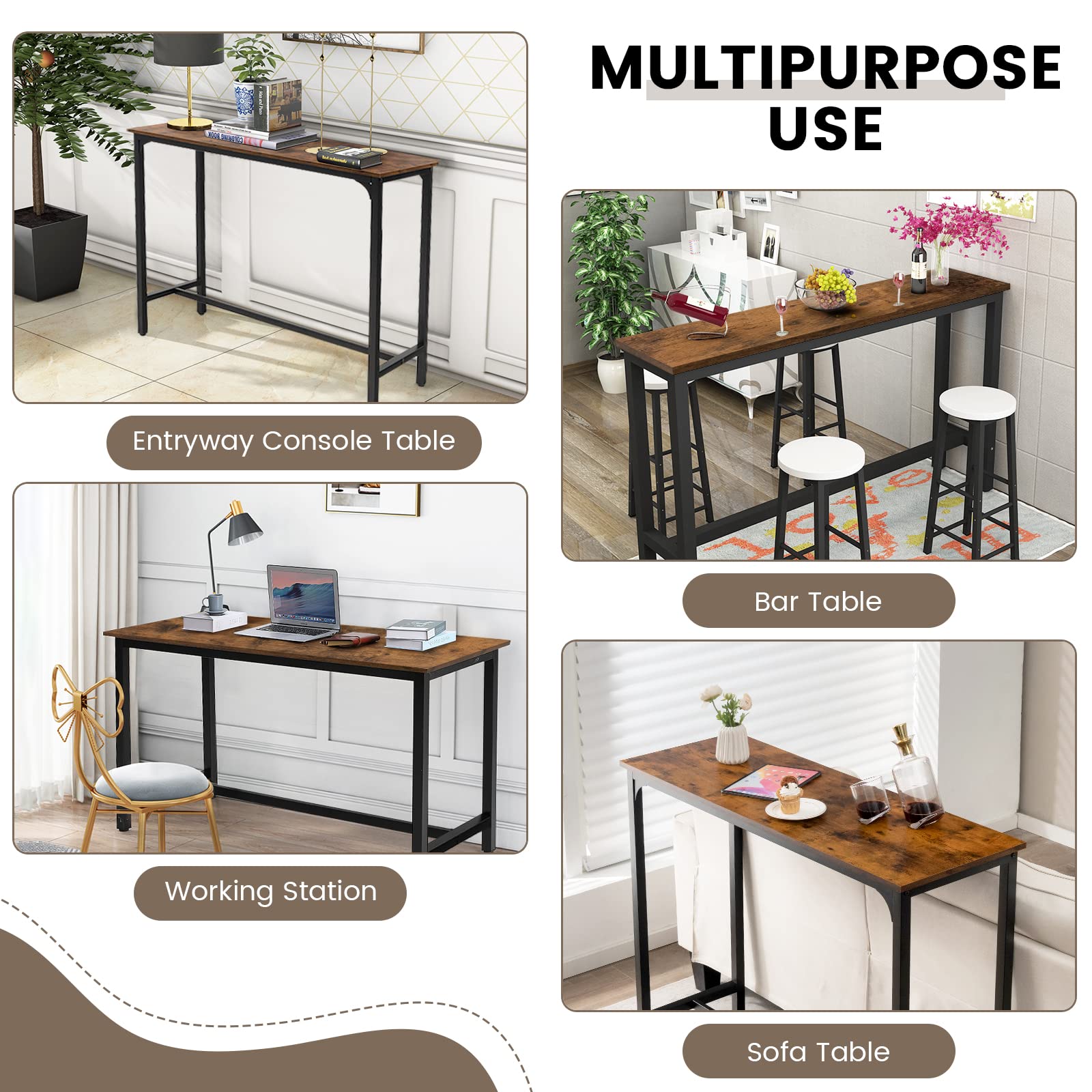 GOFLAME 48” Industrial High Top Bar Table with Metal Frame & Adjustable Feet, Narrow Rectangular Pub Table for Small Spaces, Multifunctional Dining Table for Kitchen, Living Room, Bistro, and Outdoor Patio