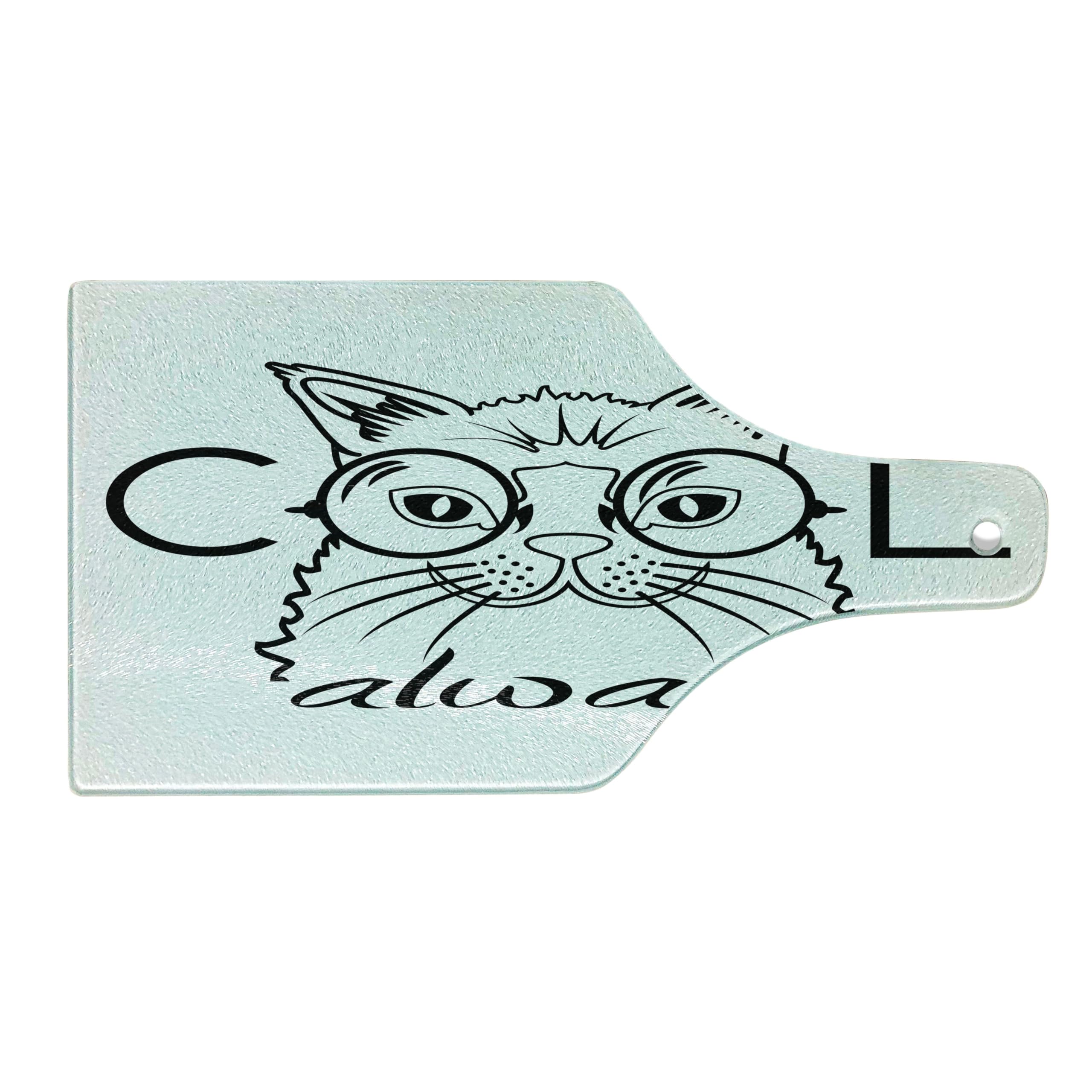 Lunarable Cat-Themed Tempered Glass Cutting Board - Hipster Kitty in Glasses Design, Black & White Wine Bottle Shape for Serving & Decor | Perfect for Kitchen, Dining, and Gift Giving