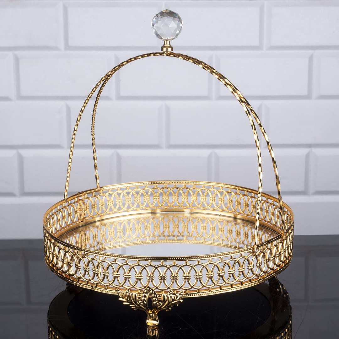 Handmade Gold Perfume Organizer Tray with Handles - Decorative Metal Vanity Basket & Jewelry Box - Elegant Round Mirror Tray for Dresser, Bathroom & Makeup Table - Perfect for Organizing Cosmetics, Jewelry and Fragrances (Large, Gold)