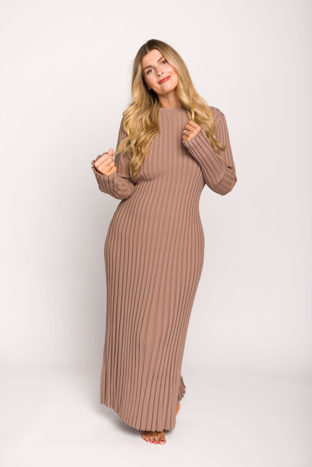 Colette Premium Long Sleeved Ribbed Knit Maxi Dress in Dark Natural - Bump Friendly Maternity Dress for Pregnancy, Nursing & Postpartum | Elegant & Comfortable for Work, Date Night & Special Occasions