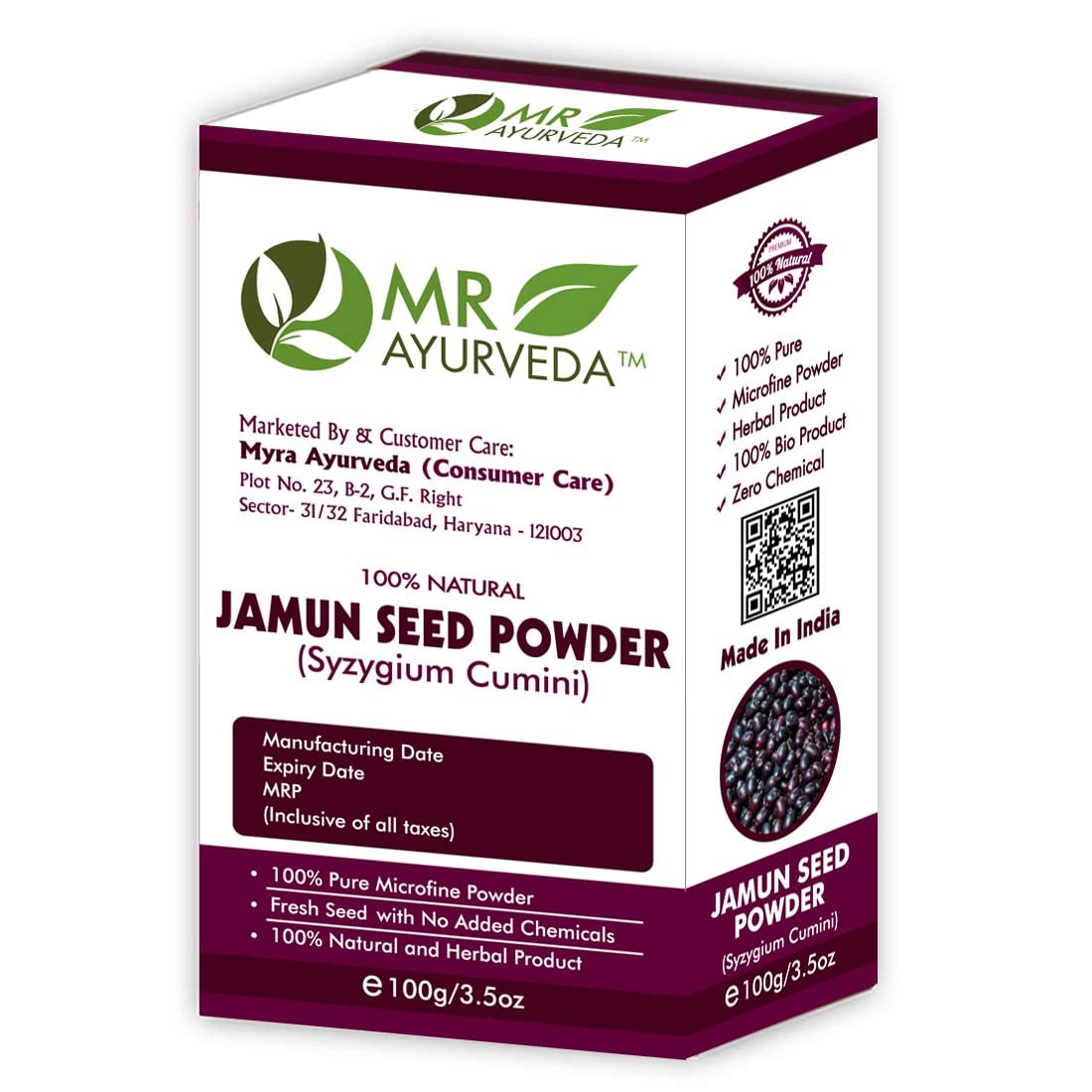 MR Ayurveda Jamun Seed Powder | 100% Pure Jamun Guthli Powder for Skin & Hair Care | Natural Diabetes Support Supplement | 100g | Perfect for Smoothies, Face Masks & Herbal Remedies