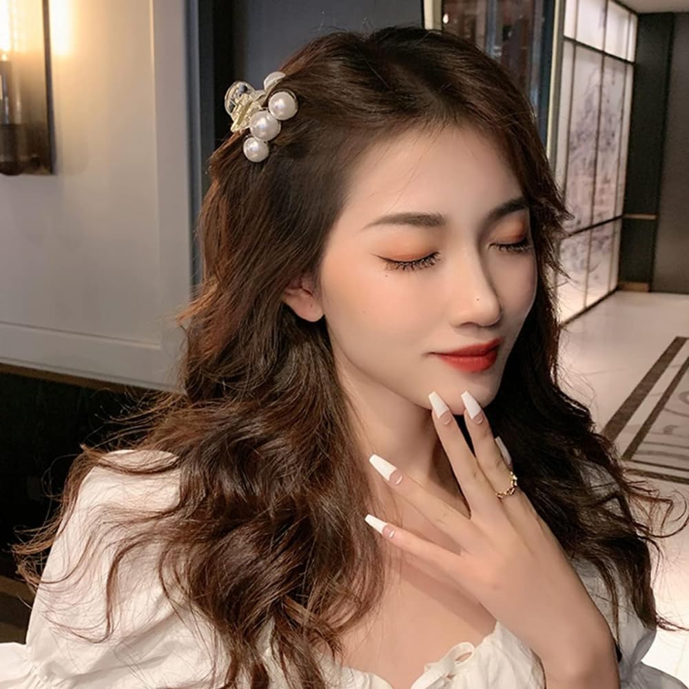Korean Style 3-Piece Pearl Hair Claw Clip Set - Large Strong Hold Hair Jaw Clips & Barrettes for Women (White) | Perfect for Thick/Thin Hair Styling, Office, Wedding & Everyday Use